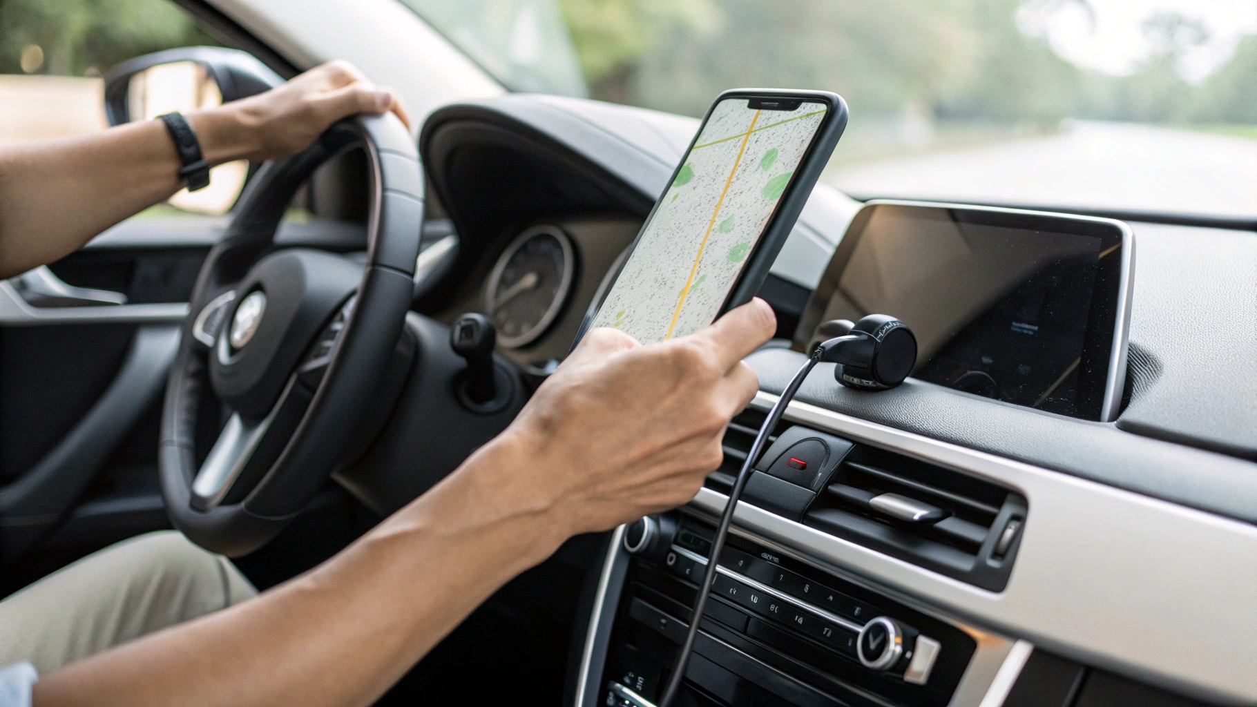 Смартфон крепится на магнитный автомобильный держатель с Qi2‑зарядкой для навигации