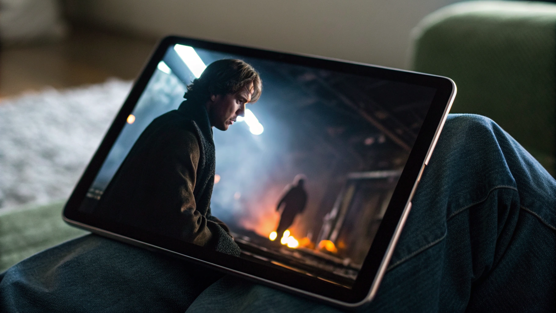 Крупный план OLED‑экрана iPad с тёмной сценой фильма и яркими субтитрами