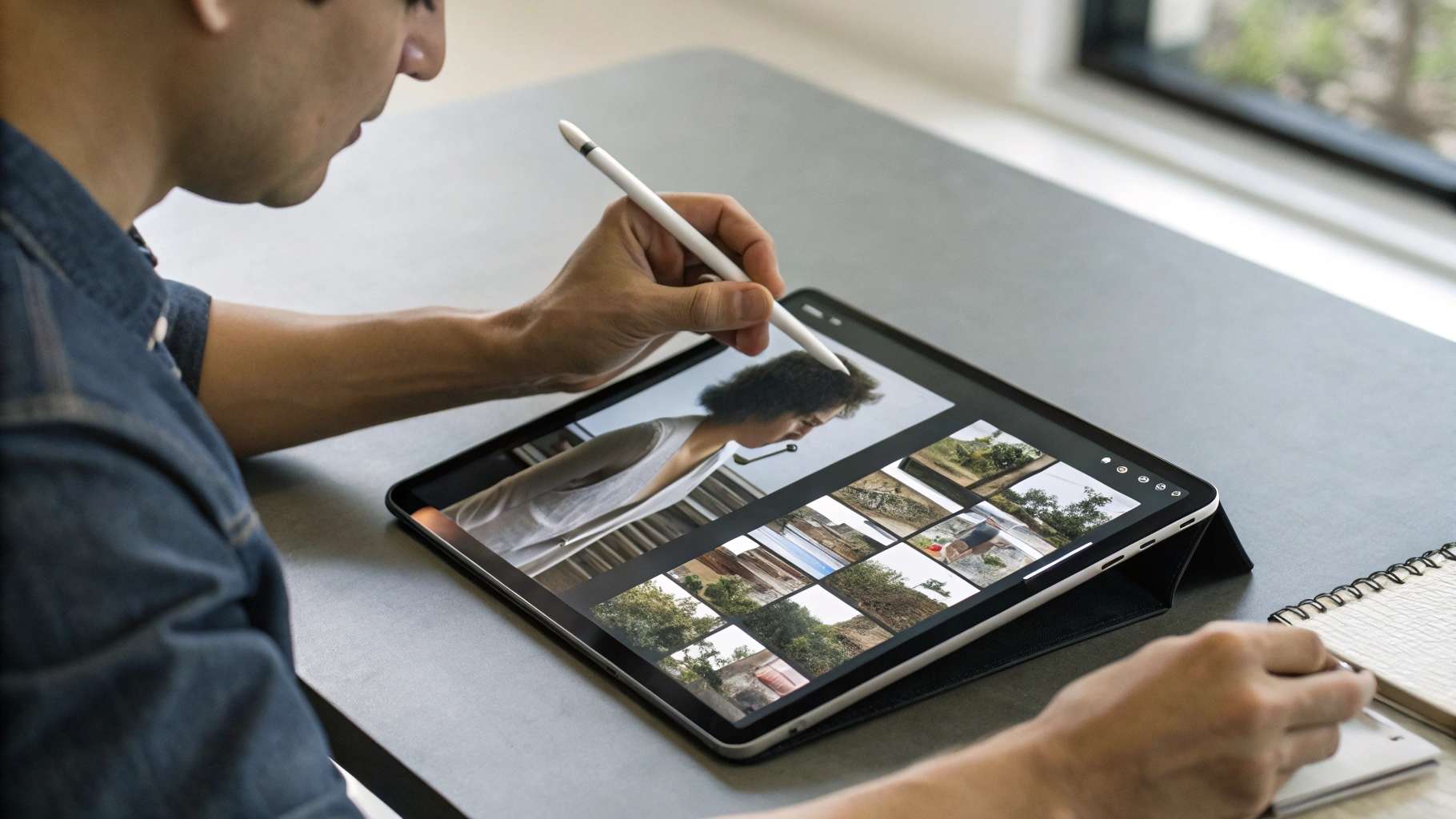 Пользователь обрабатывает фотографии на iPad с OLED‑экраном с помощью стилуса