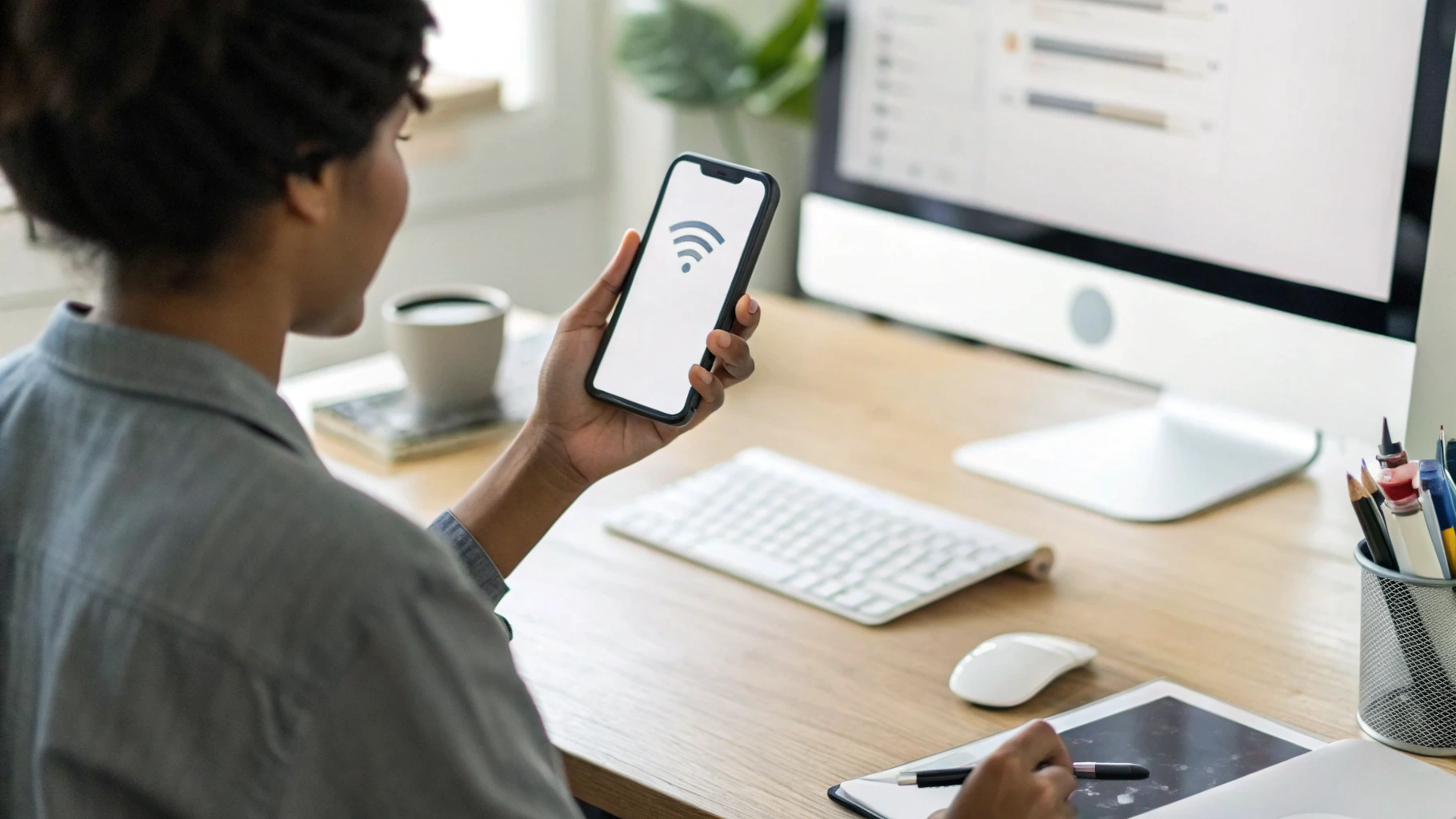 Пользователь в офисе смотрит на уровень сети и статус Wi‑Fi Calling на iPhone