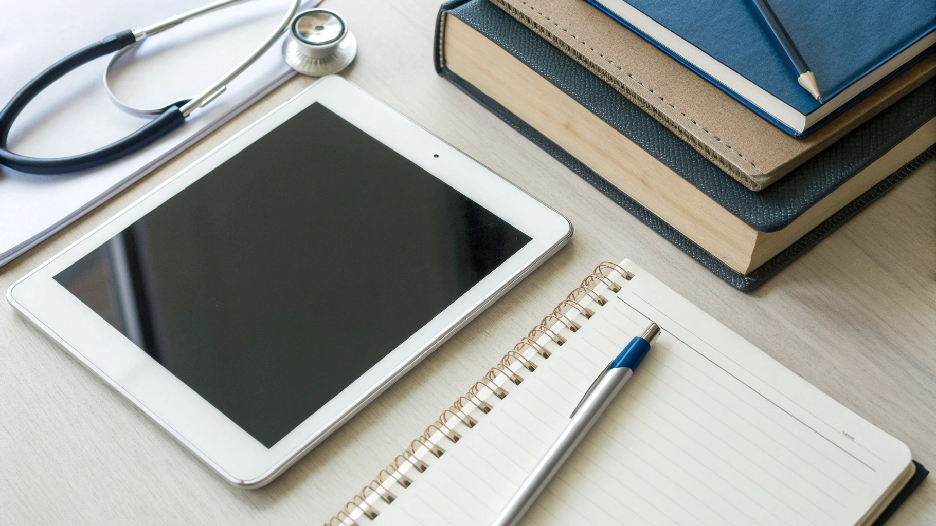 iPad со стилусом и медицинские учебники на столе студента