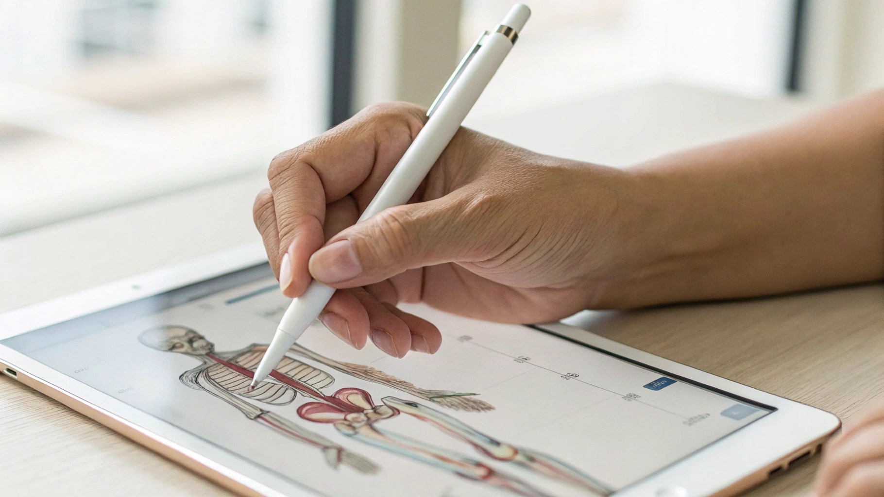 Рука студента-медика делает рукописные пометки на iPad по анатомической схеме