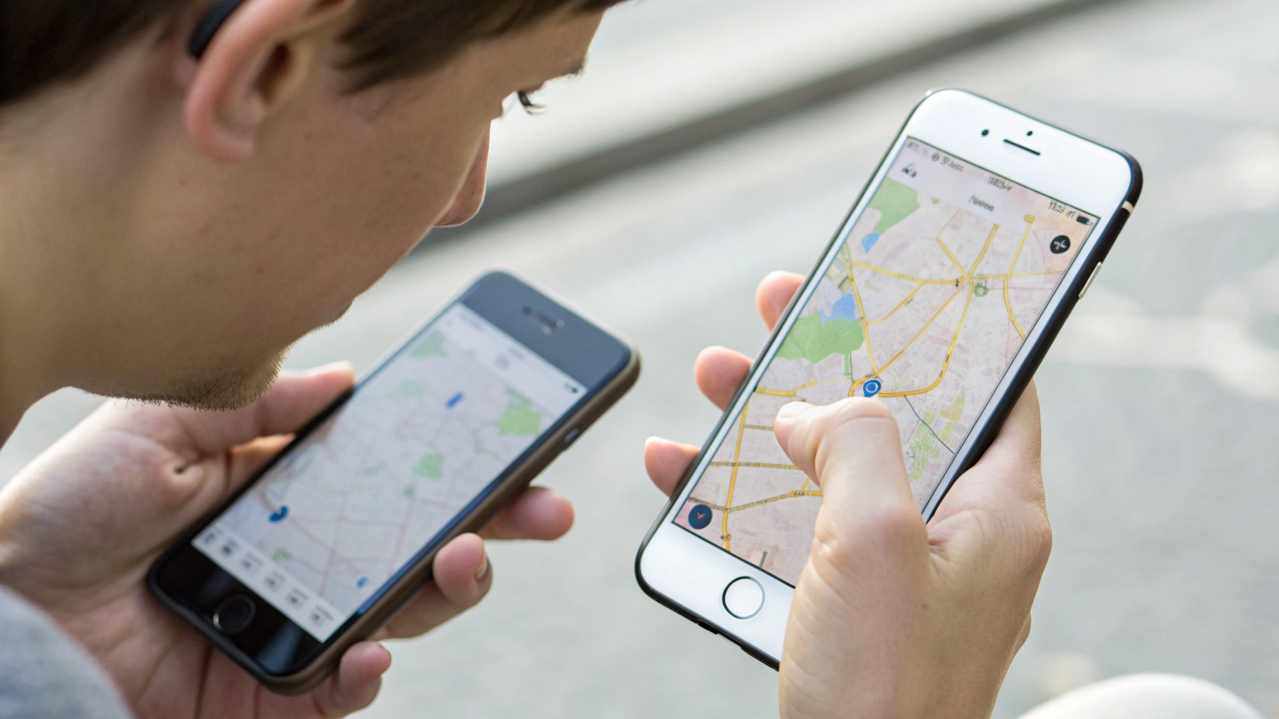 Пользователь с iPhone и Android‑смартфоном в роли навигатора