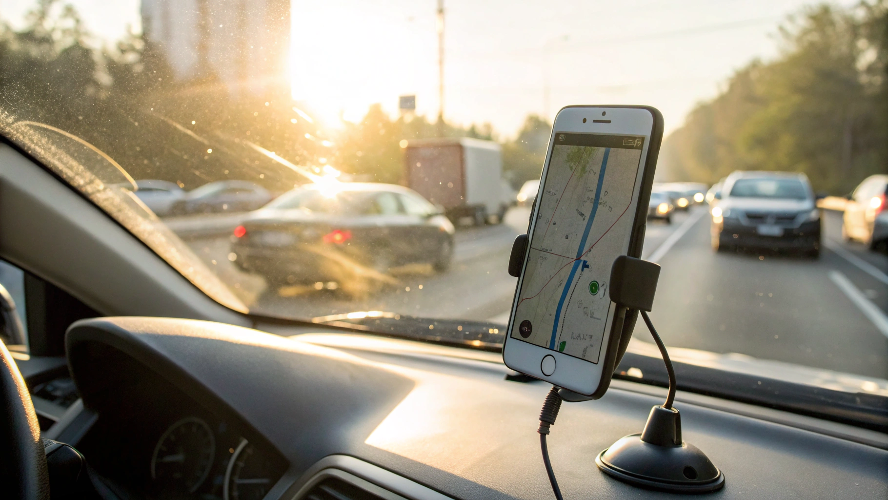 Смартфон с навигатором в держателе на лобовом стекле в солнечный день