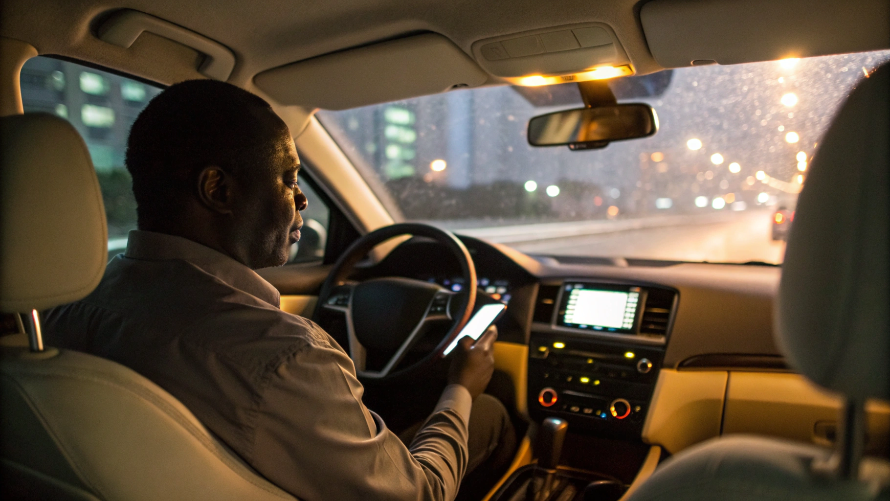 Таксист ведет машину, смартфон подключен по Bluetooth к магнитоле