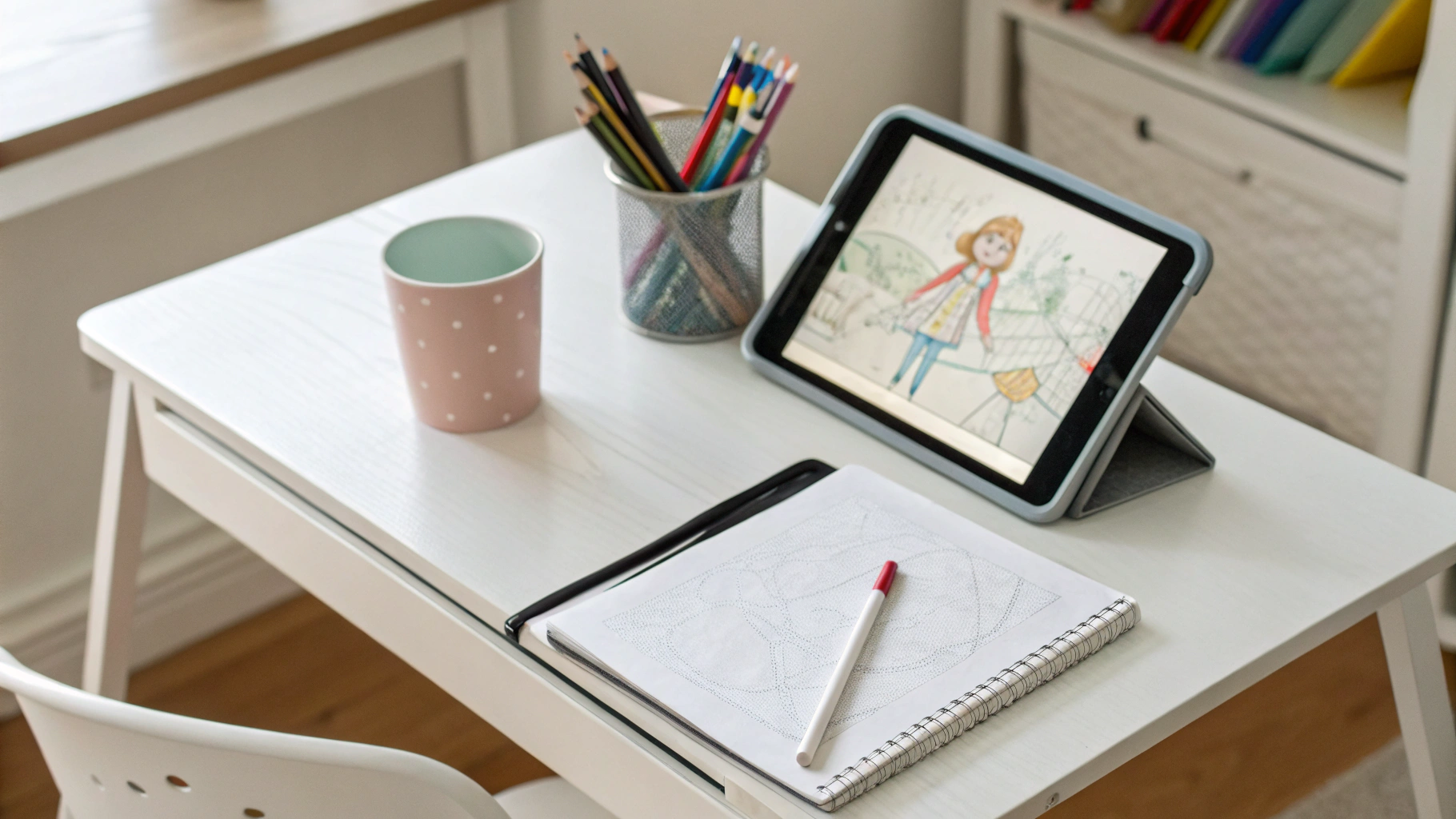 Вид сверху на стол ребёнка с планшетом и стилусом, на экране открыт рисунок