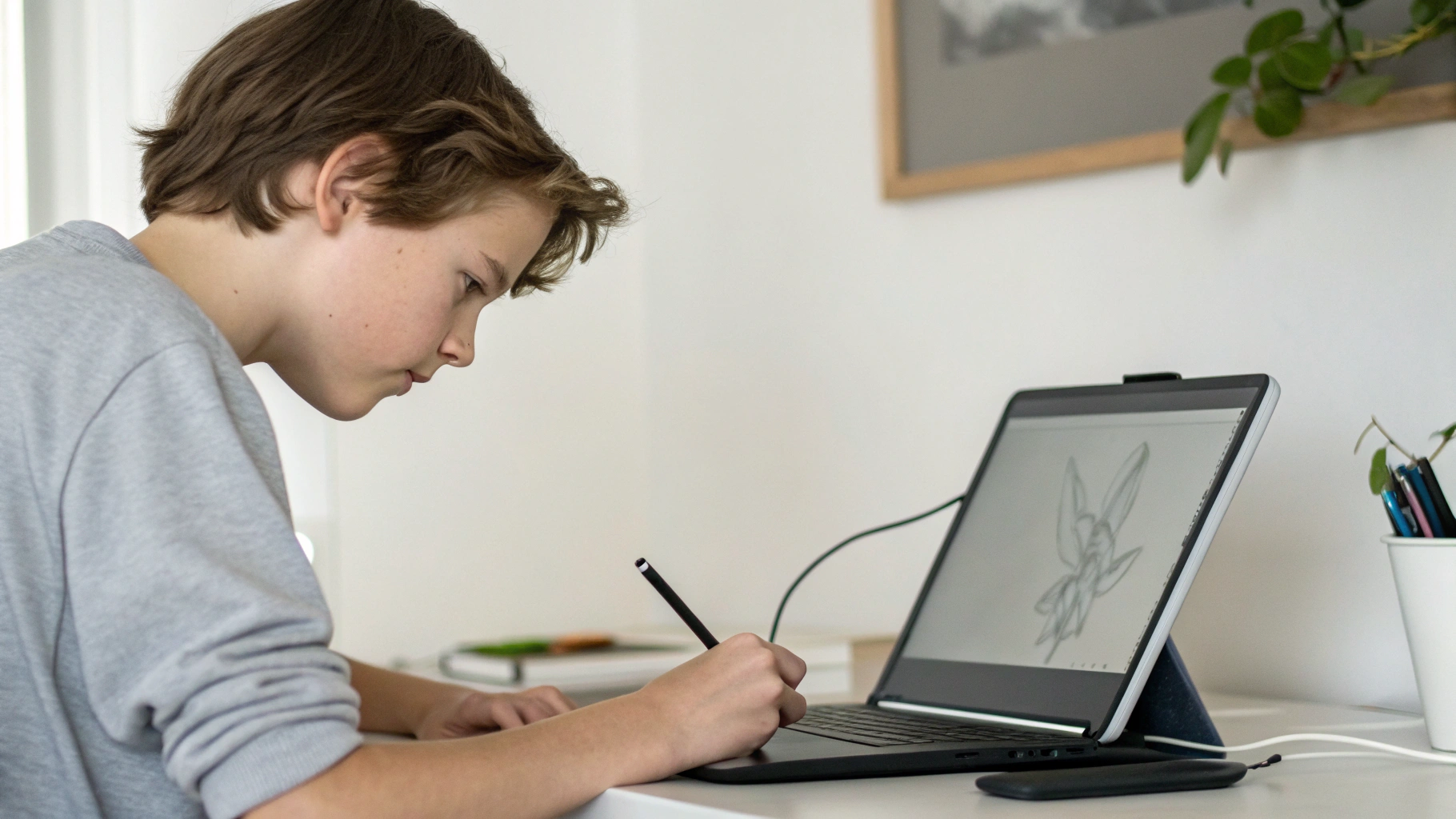Подросток рисует на графическом дисплее, подключённом к ноутбуку