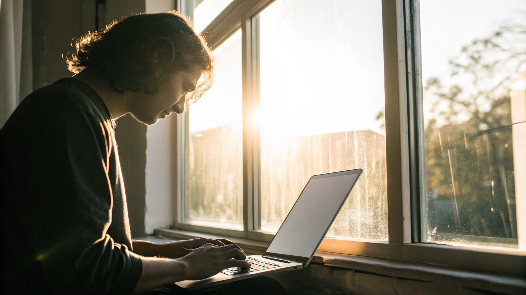 Человек работает за ноутбуком у окна, экран борется с ярким дневным светом