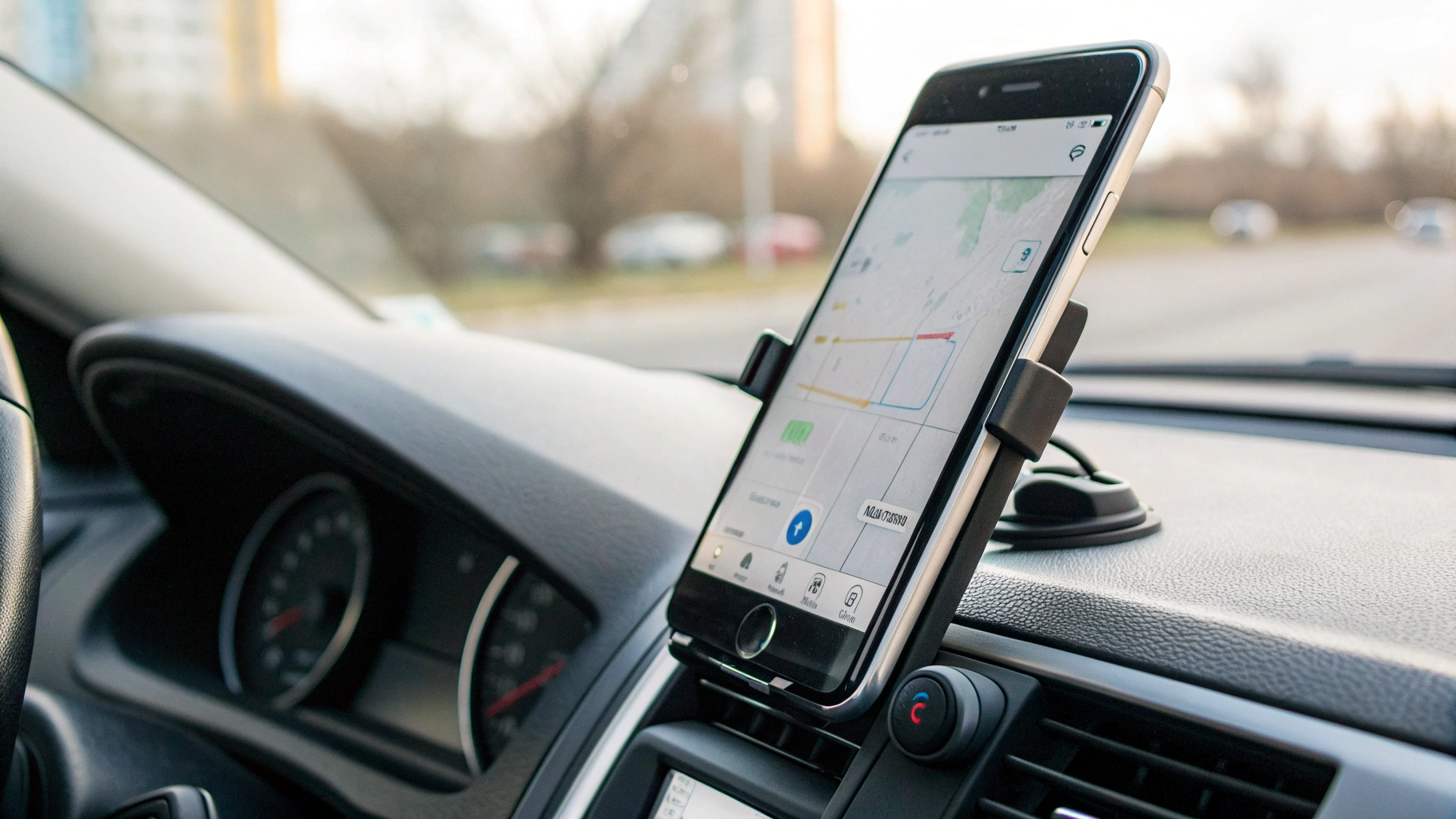 Бюджетный смартфон с ярким экраном и навигатором на панели автомобиля