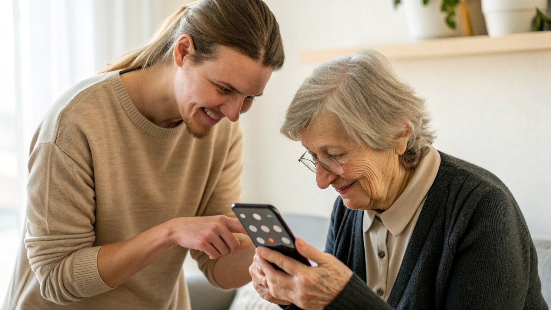 Родитель и взрослый ребёнок настраивают крупный шрифт и иконки на смартфоне