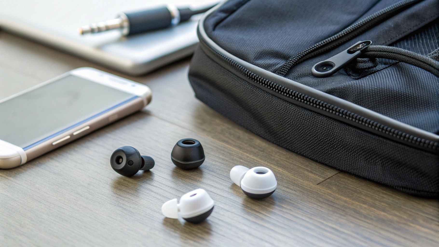 Детские TWS-наушники с разными амбушюрами рядом со школьным рюкзаком