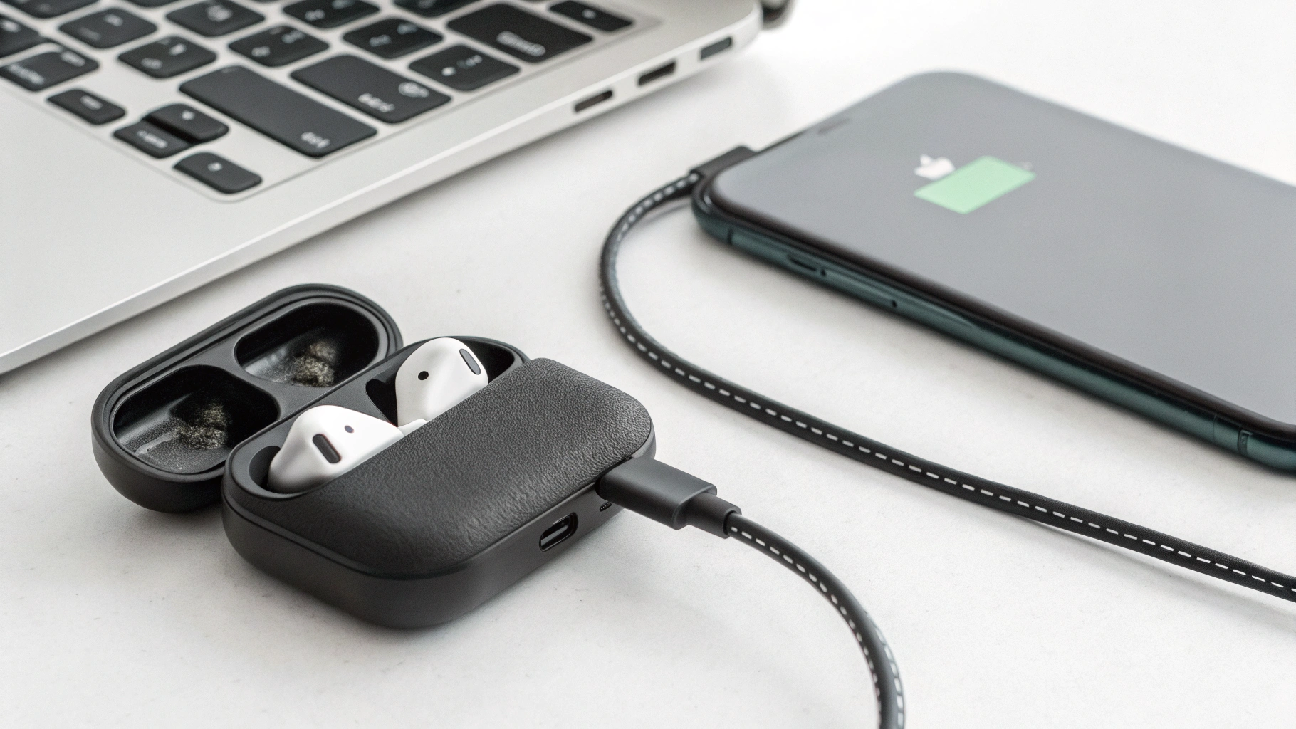 Кейс TWS-наушников с USB-C кабелем и смартфоном, показывающим заряд батареи