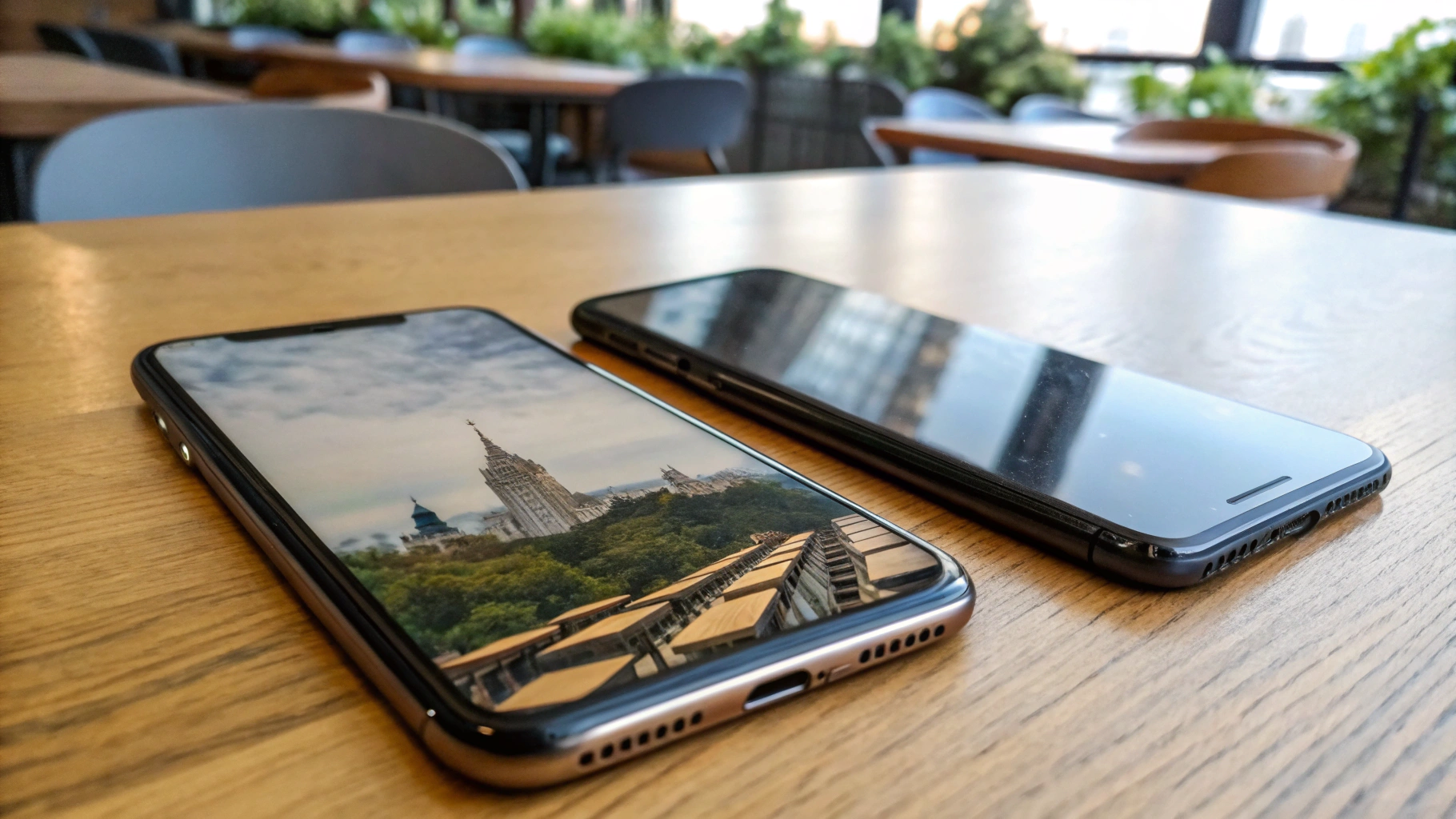 Сравнение зума на экранах будущих флагманских смартфонов за столиком в кафе