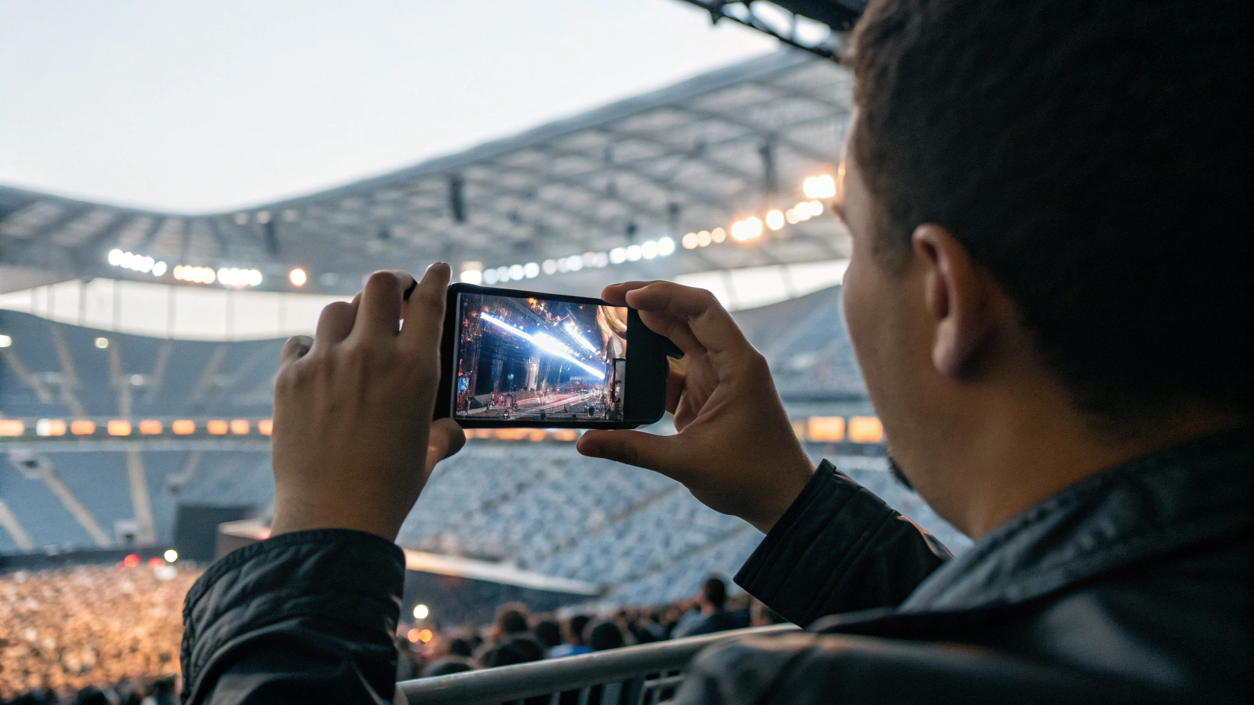 Съёмка концерта на стадионе с большим зумом на двух флагманах