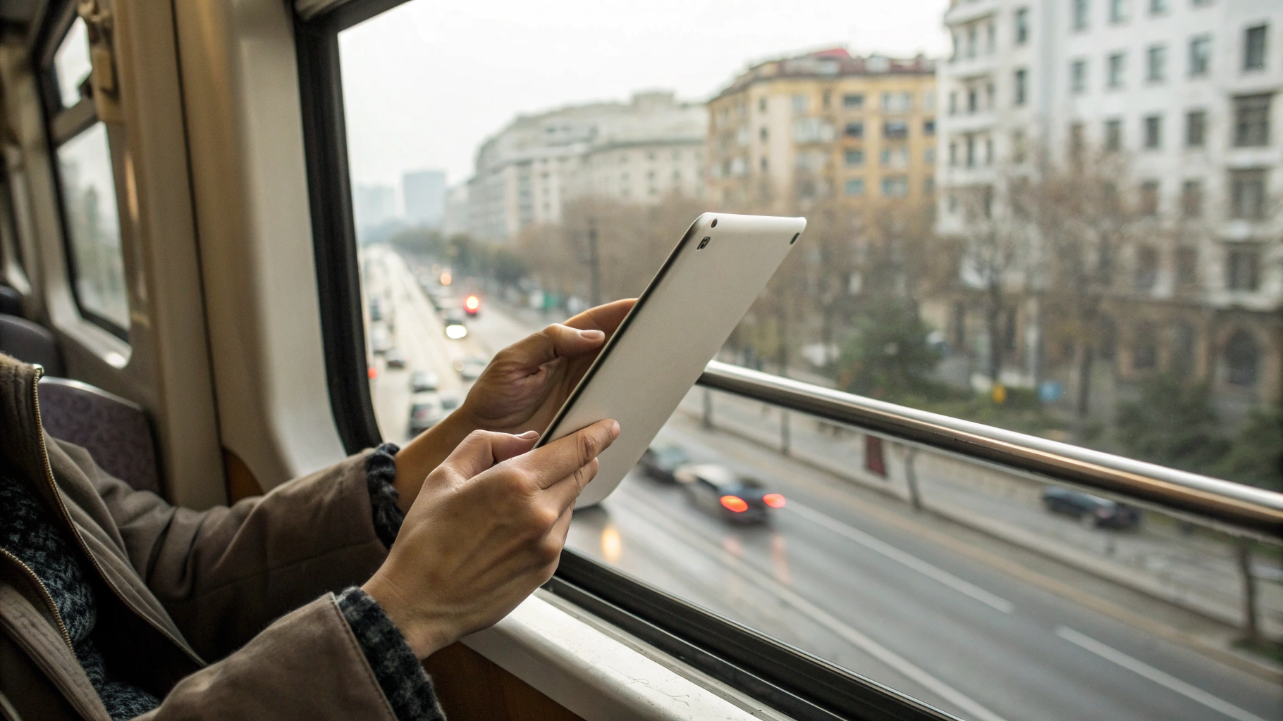 iPad mini в руках пассажира в городском транспорте
