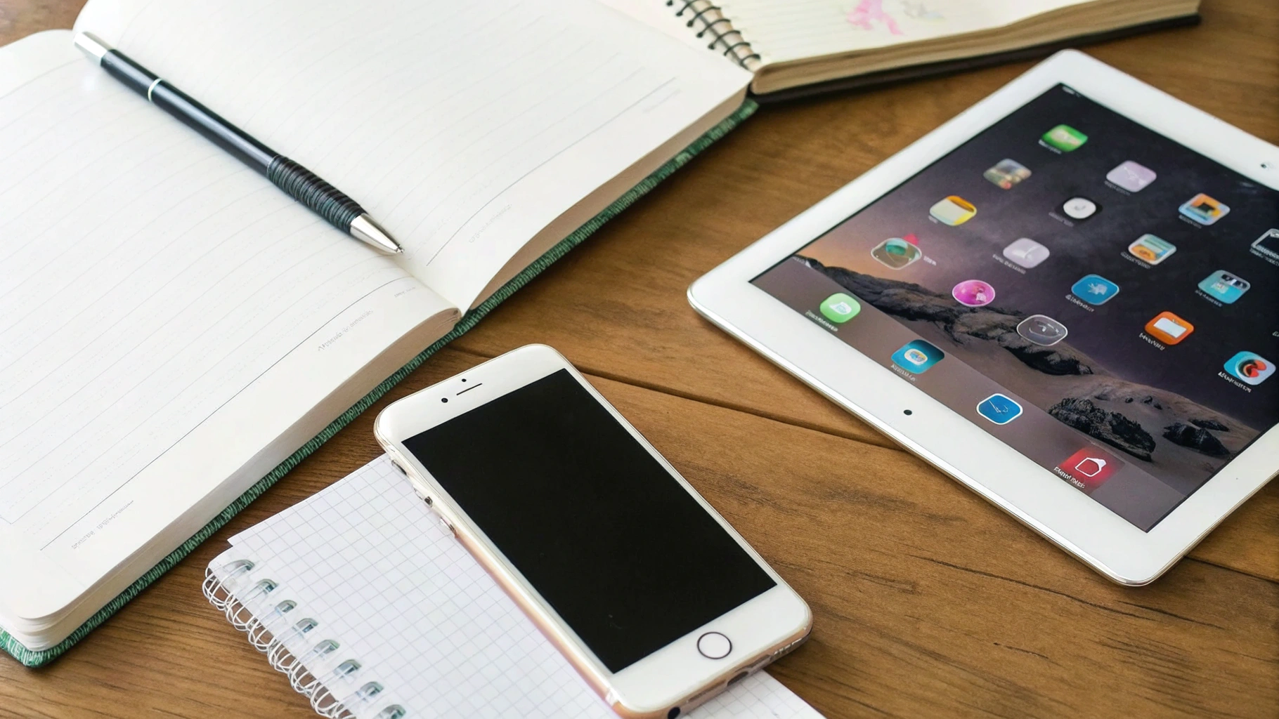 Большой iPhone и iPad mini на столе, используемые для учёбы и заметок