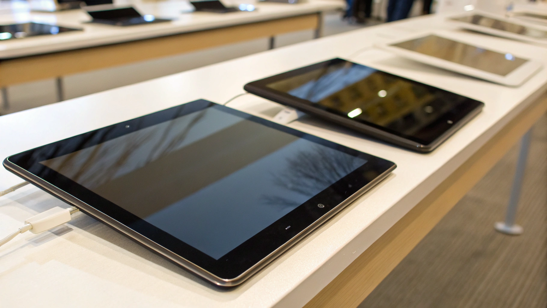 Сравнение экранов двух Android‑планшетов на витрине магазина