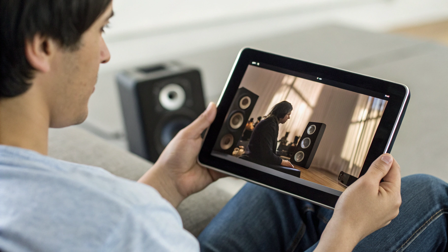 Пользователь смотрит видео на Android‑планшете и оценивает звук и экран
