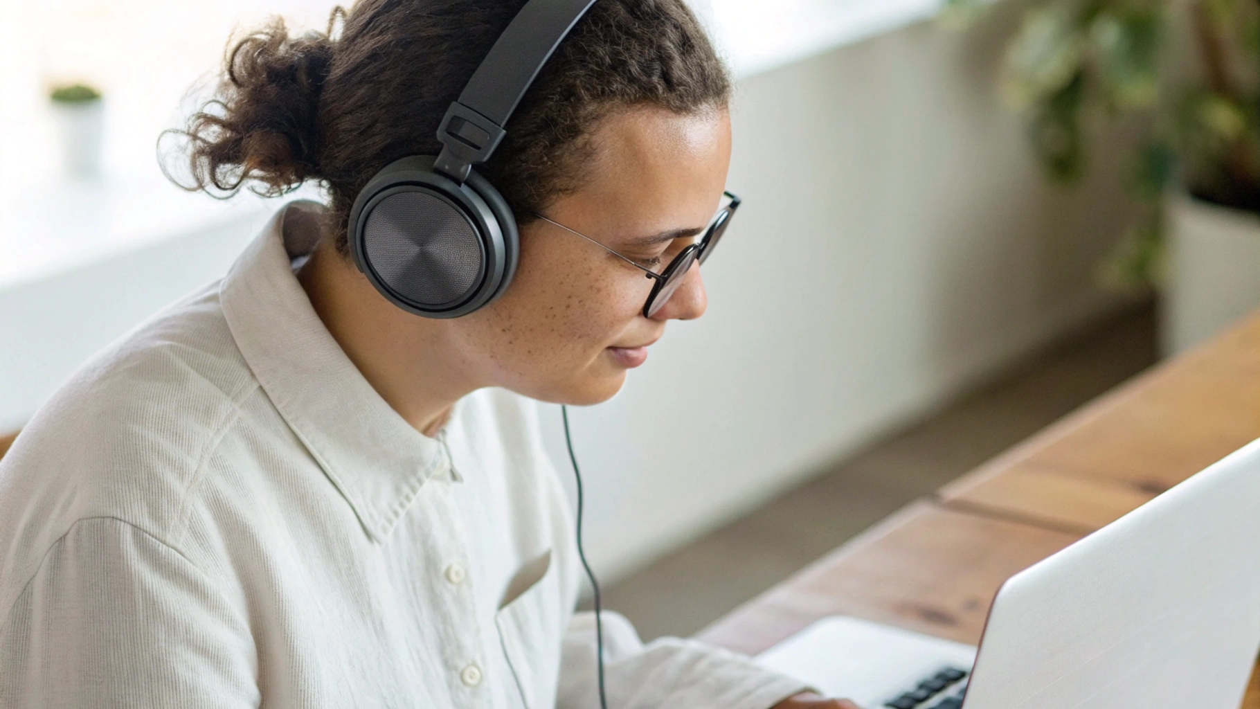 Человек в очках работает за ноутбуком в накладных наушниках