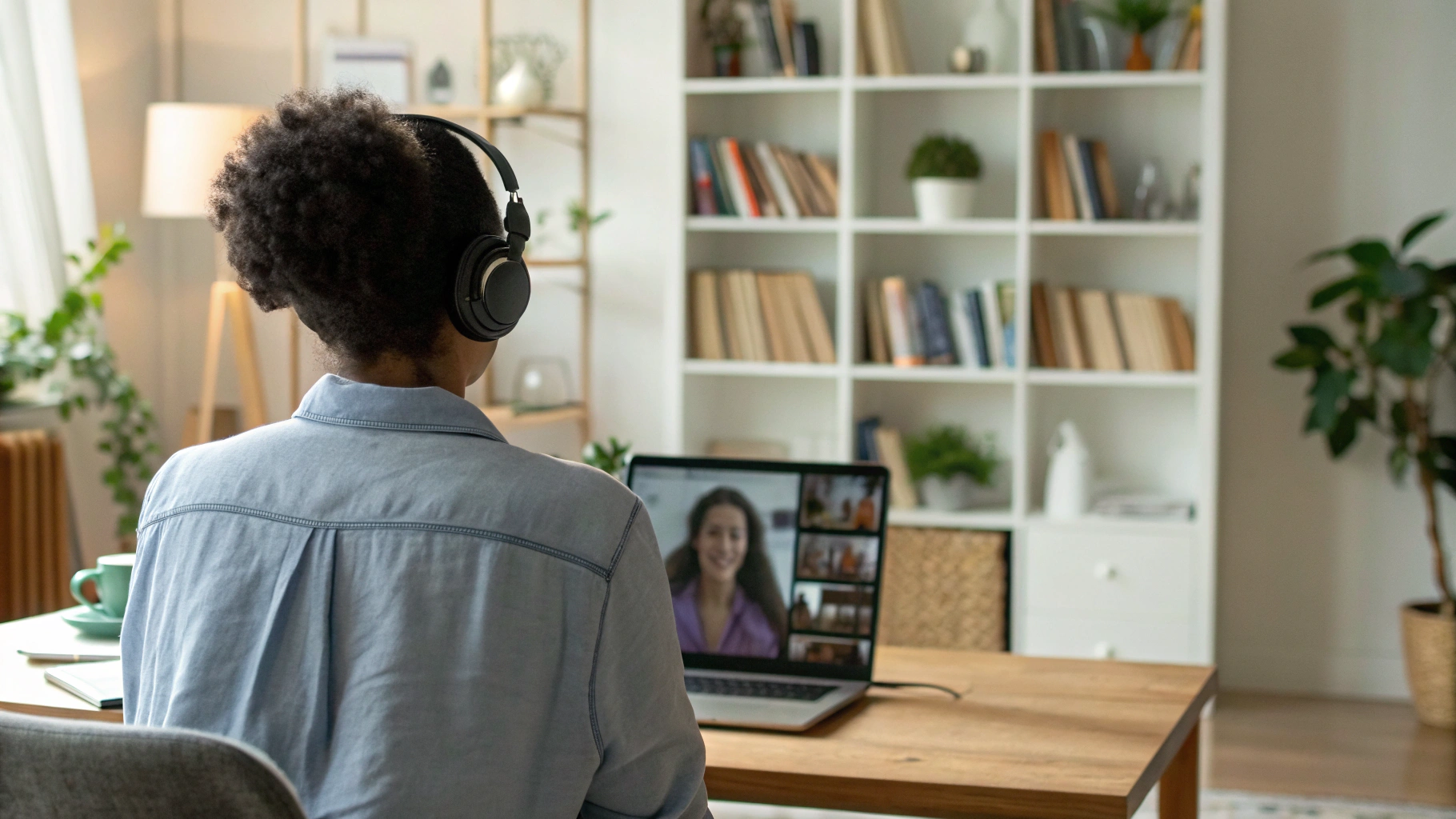 Пользователь дома на видеозвонке в накладных наушниках за ноутбуком