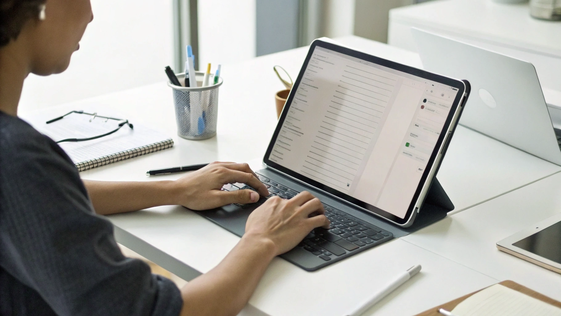 Сравнение работы за iPad Pro с клавиатурой и лёгким ноутбуком на офисном столе