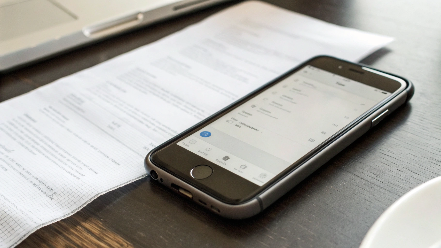 Крупный план iPhone со сканированием бумажного чека на столе