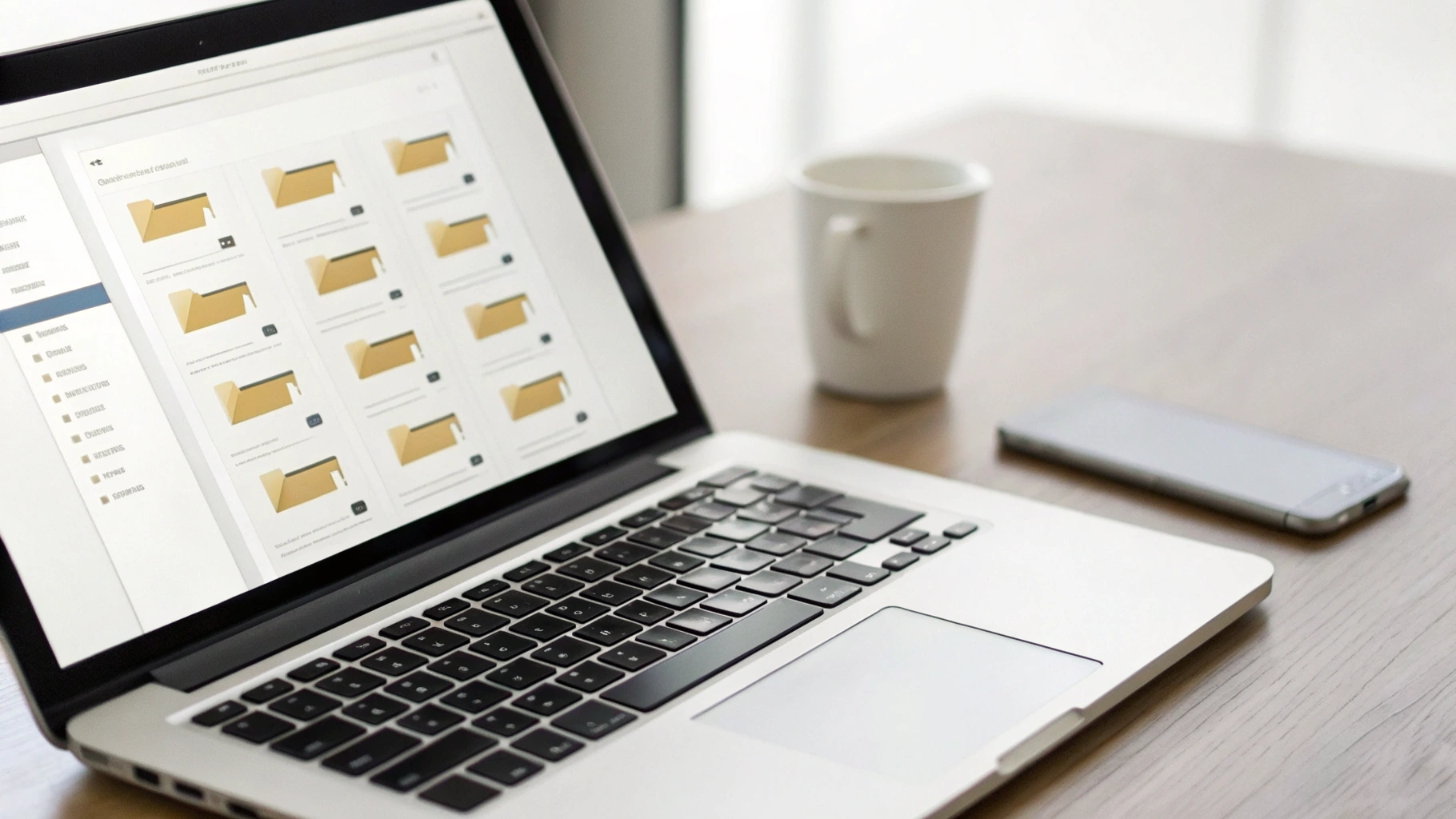 Организованные папки с гарантийными PDF на экране ноутбука и рядом лежащий iPhone