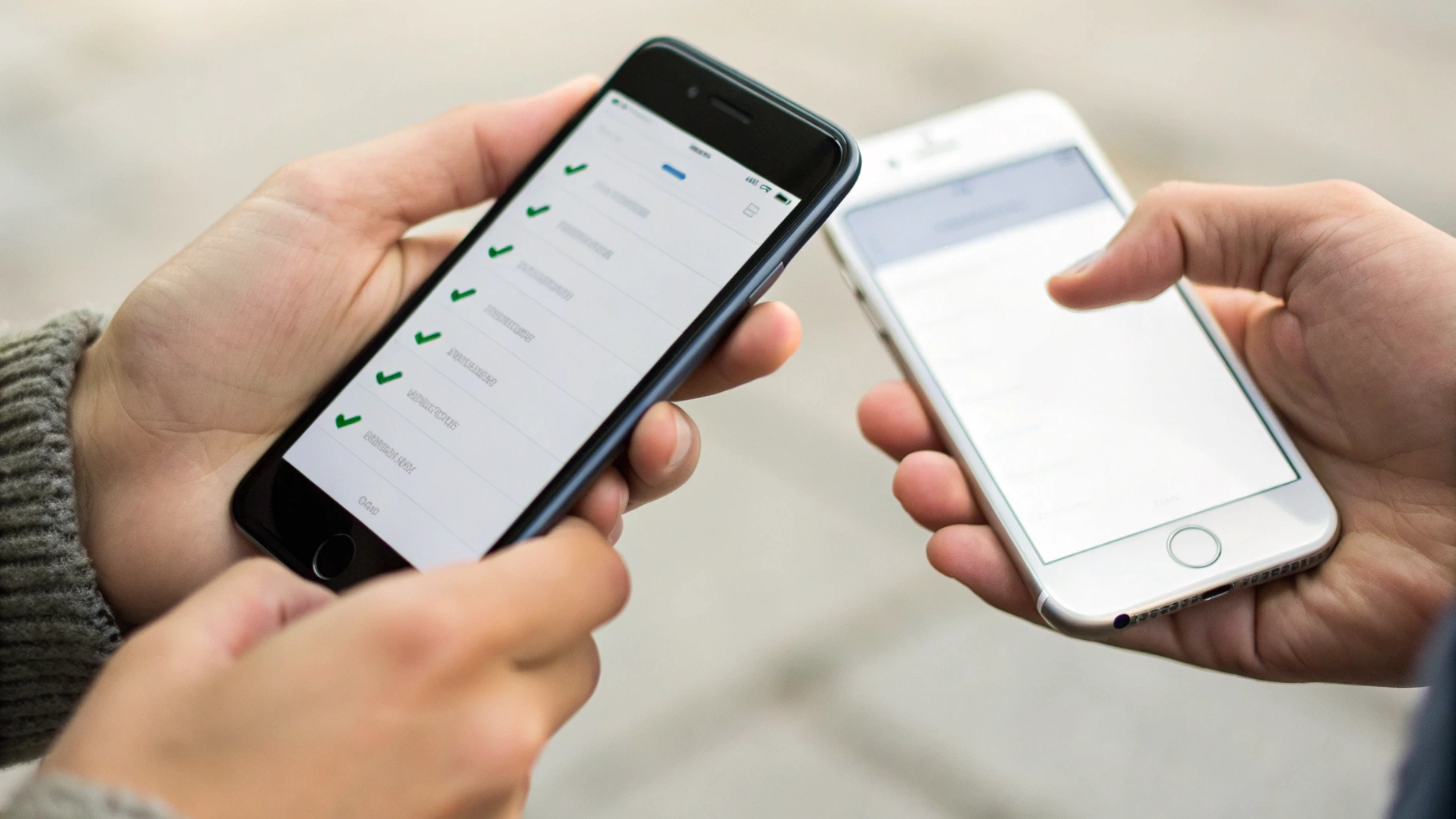 Смартфоны iPhone и Android в руках с открытым общим списком задач