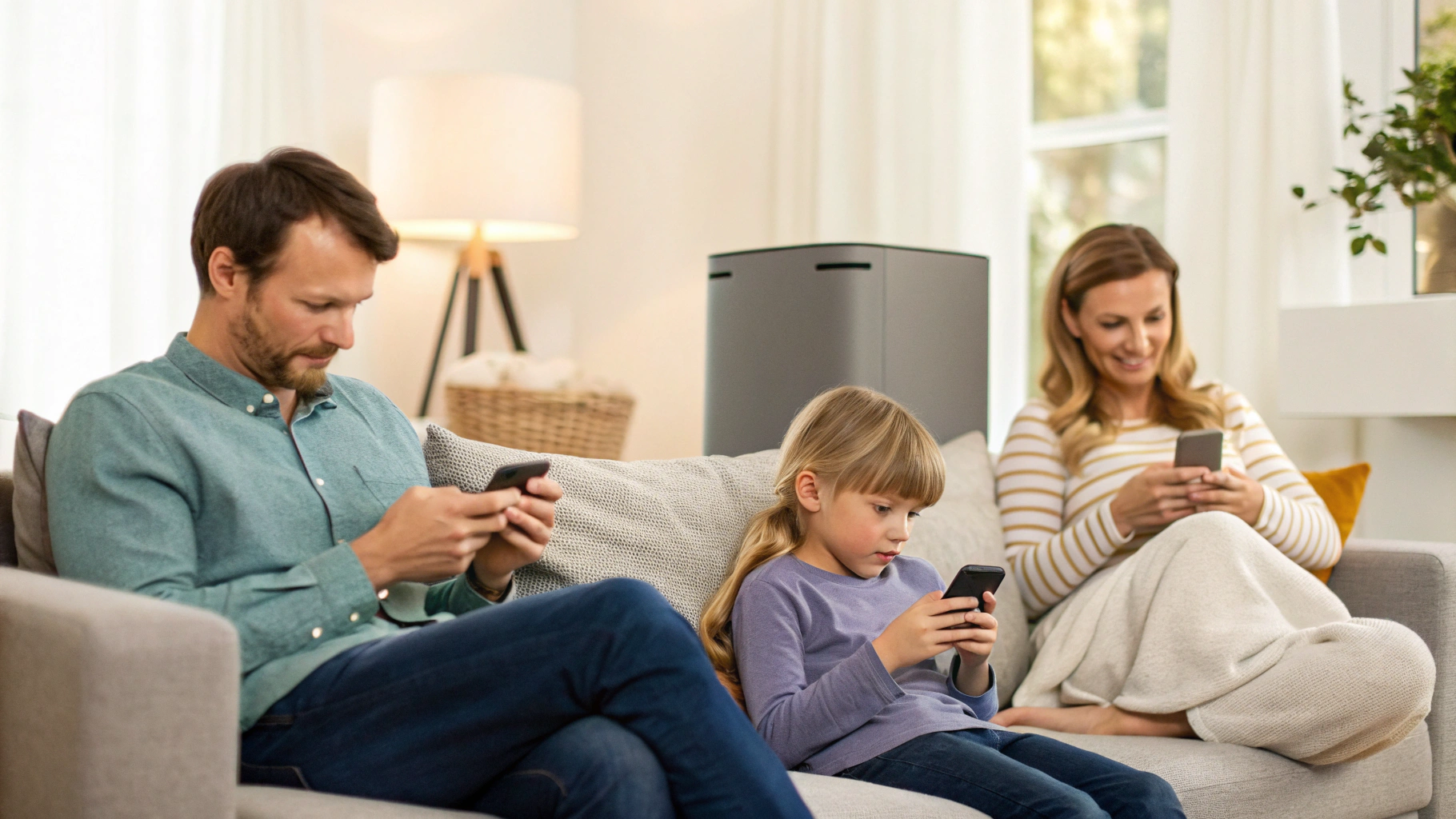 Семья дома пользуется смартфонами, а NAS в фоне служит общим хранилищем фото