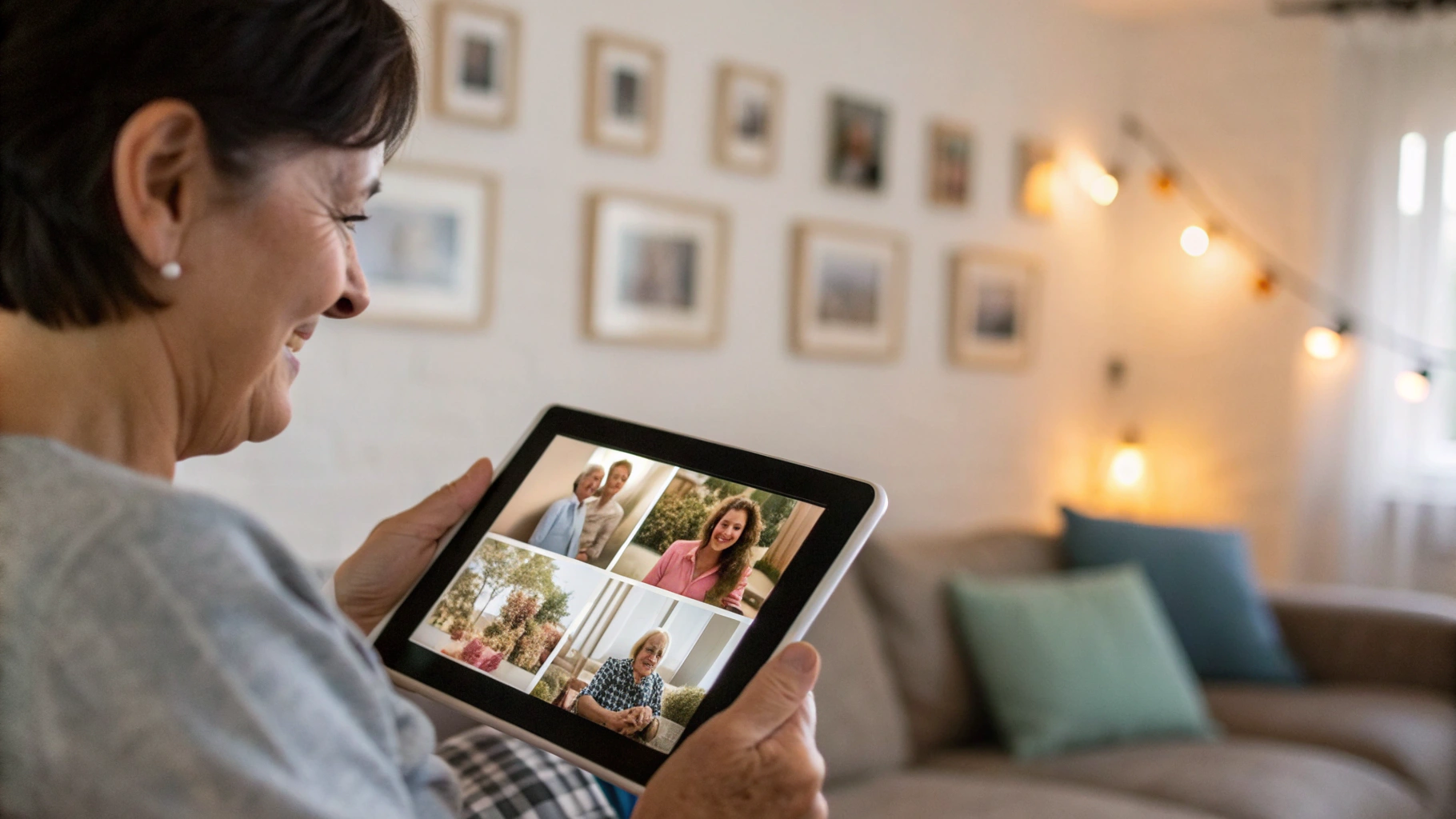 Пользователь отбирает семейные фотографии на планшете для альбома фоторамки