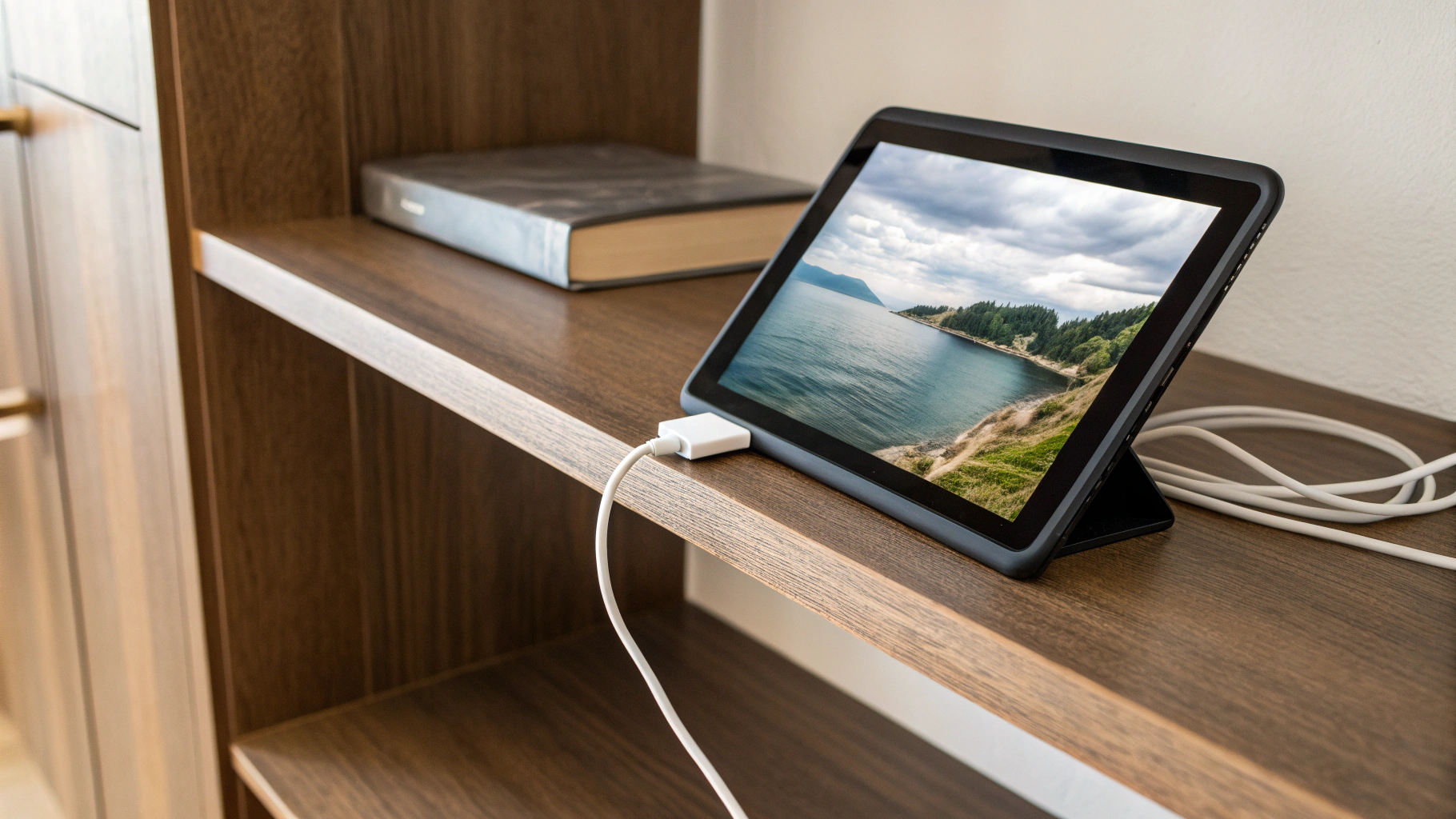 Планшет в роли цифровой фоторамки на полке с аккуратно спрятанным кабелем питания