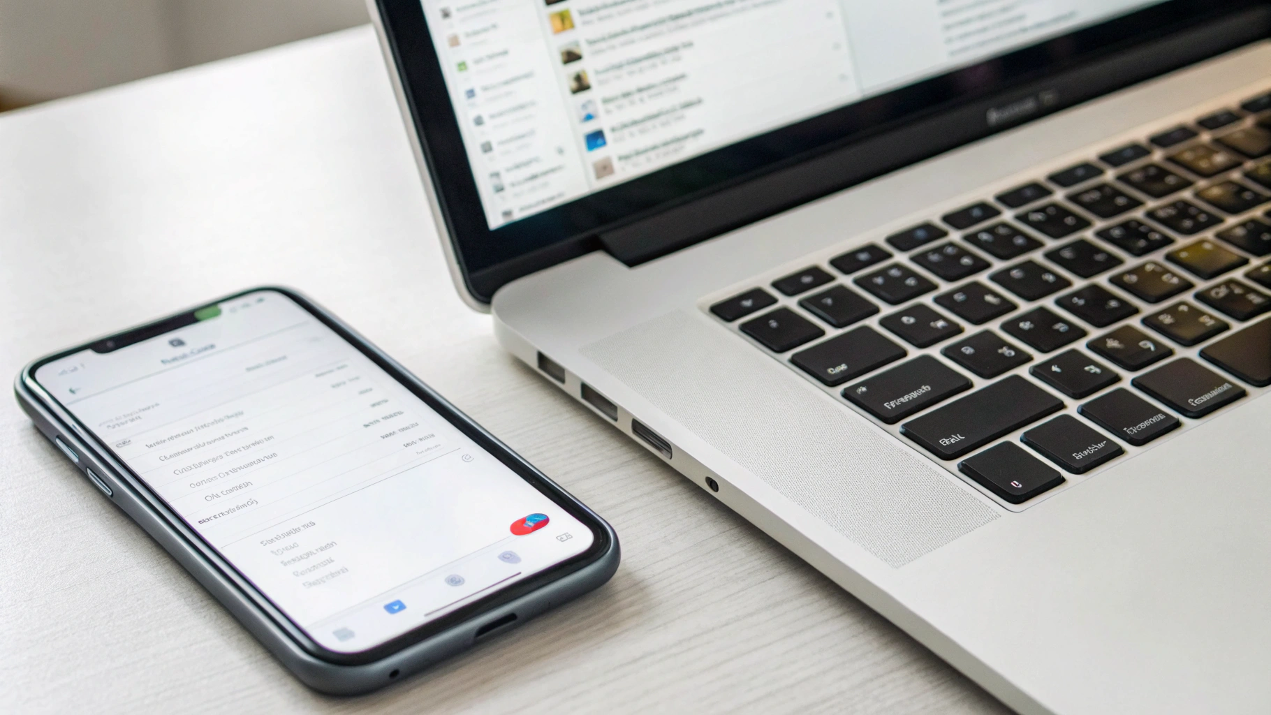 Смартфон на рабочем столе с открытыми приложениями почты и документов рядом с ноутбуком