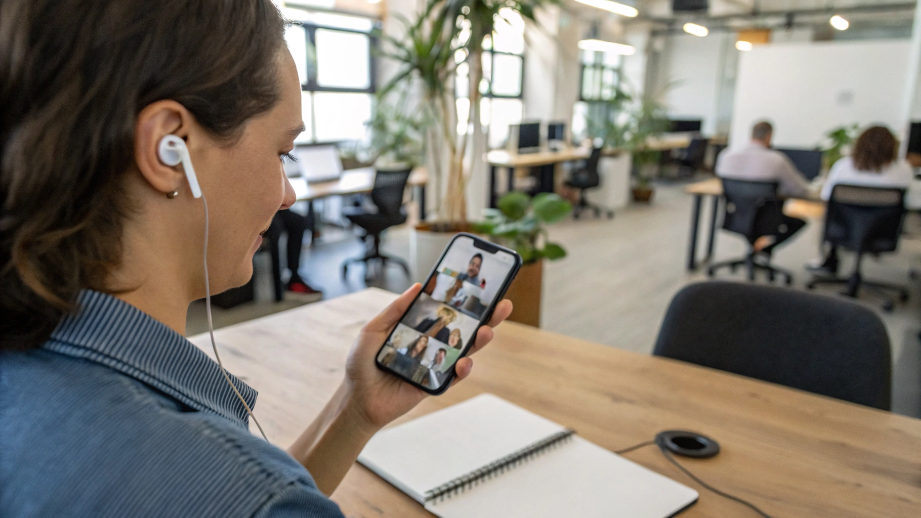 Человек в коворкинге участвует в видеозвонке со смартфона, рядом лежат наушники и блокнот