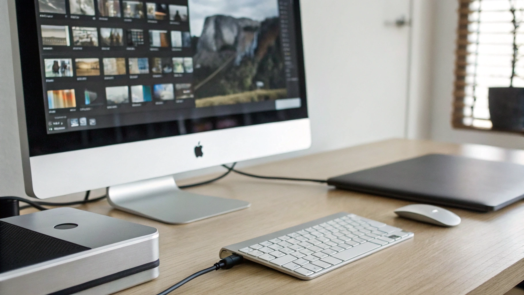 Mac с подключённым внешним диском и аккуратно организованными папками медиатеки