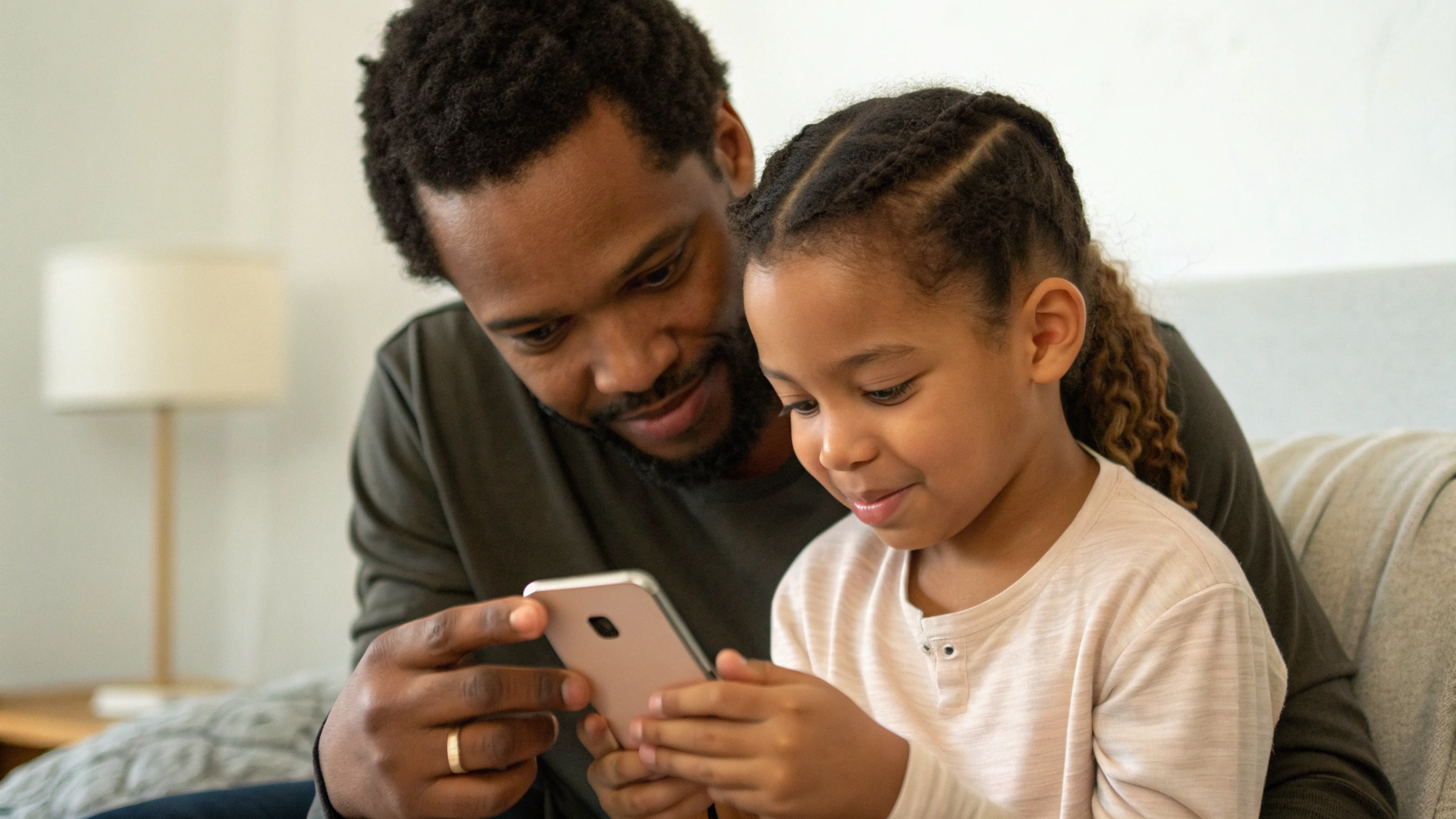 Родитель с ребенком смотрят настройки Google Family Link на Android-смартфоне