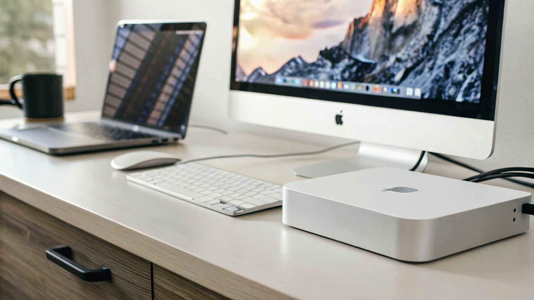Mac mini на столе в домашнем рабочем месте