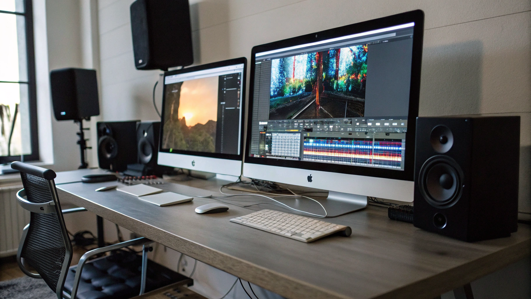 Mac Studio в креативной студии с несколькими мониторами