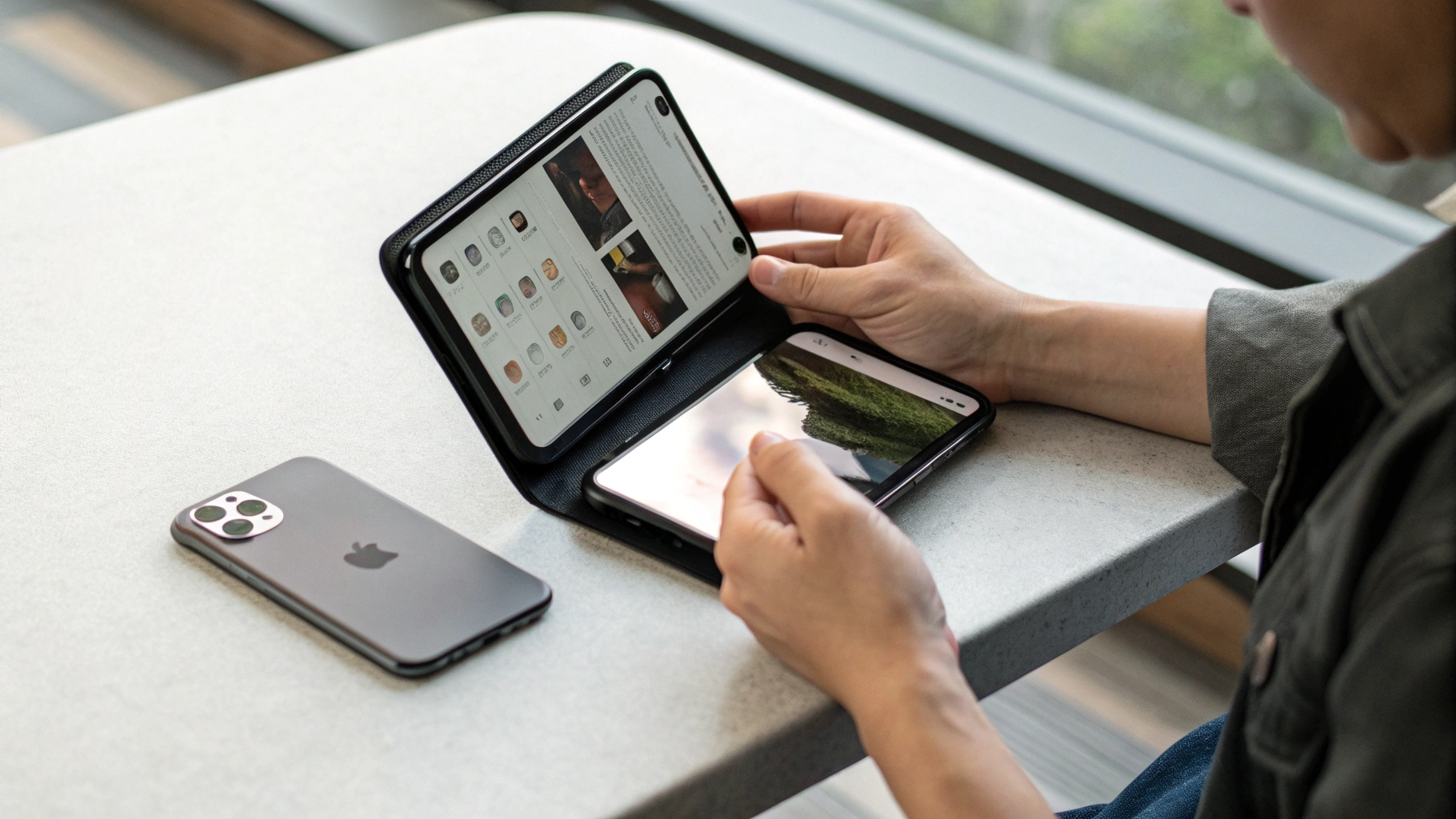 Пользователь сравнивает открытый складной смартфон и iPhone