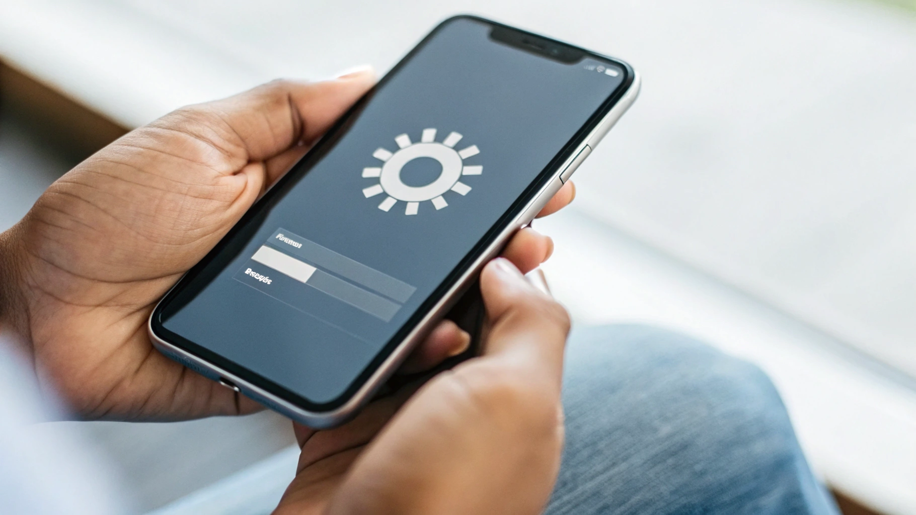 Смартфон в руке с отображением экрана обновления системы и индикатором прогресса