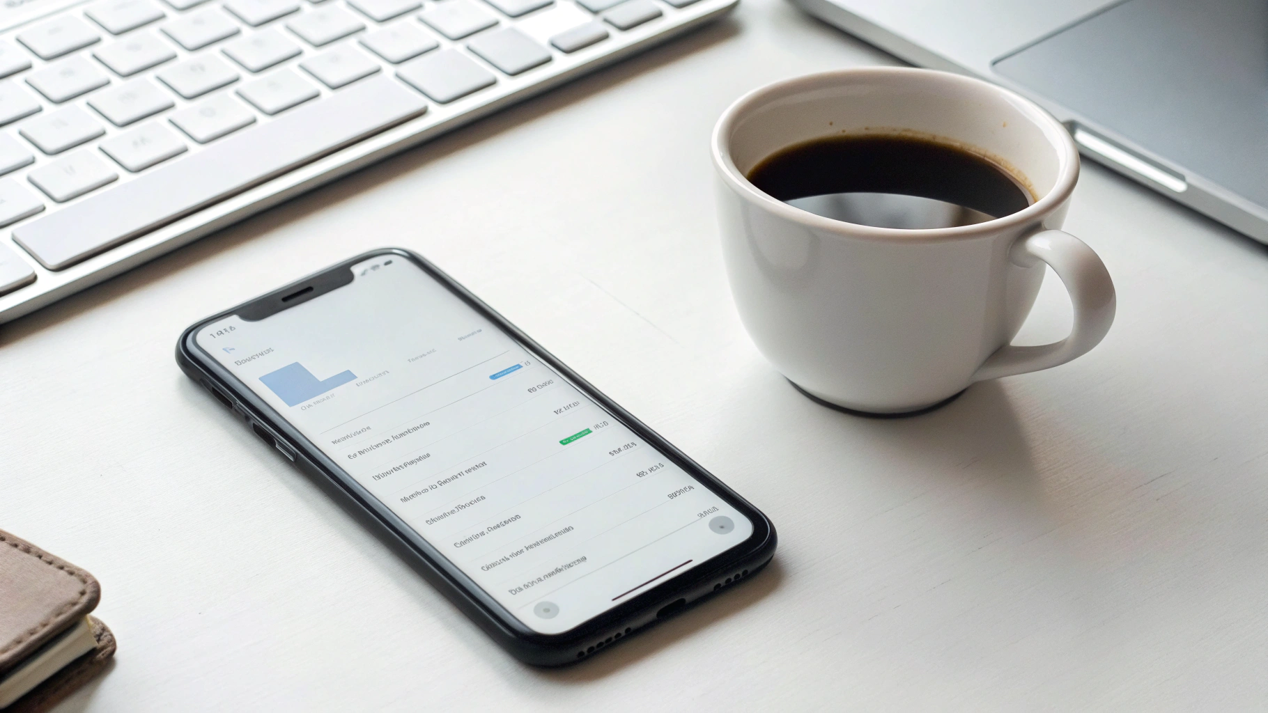 Смартфон на столе с открытыми настройками батареи и конфиденциальности рядом с чашкой кофе