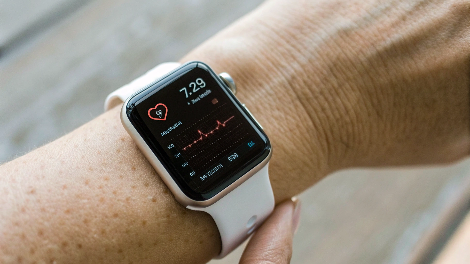 Apple Watch на запястье показывает данные пульса и ЭКГ во время тренировки