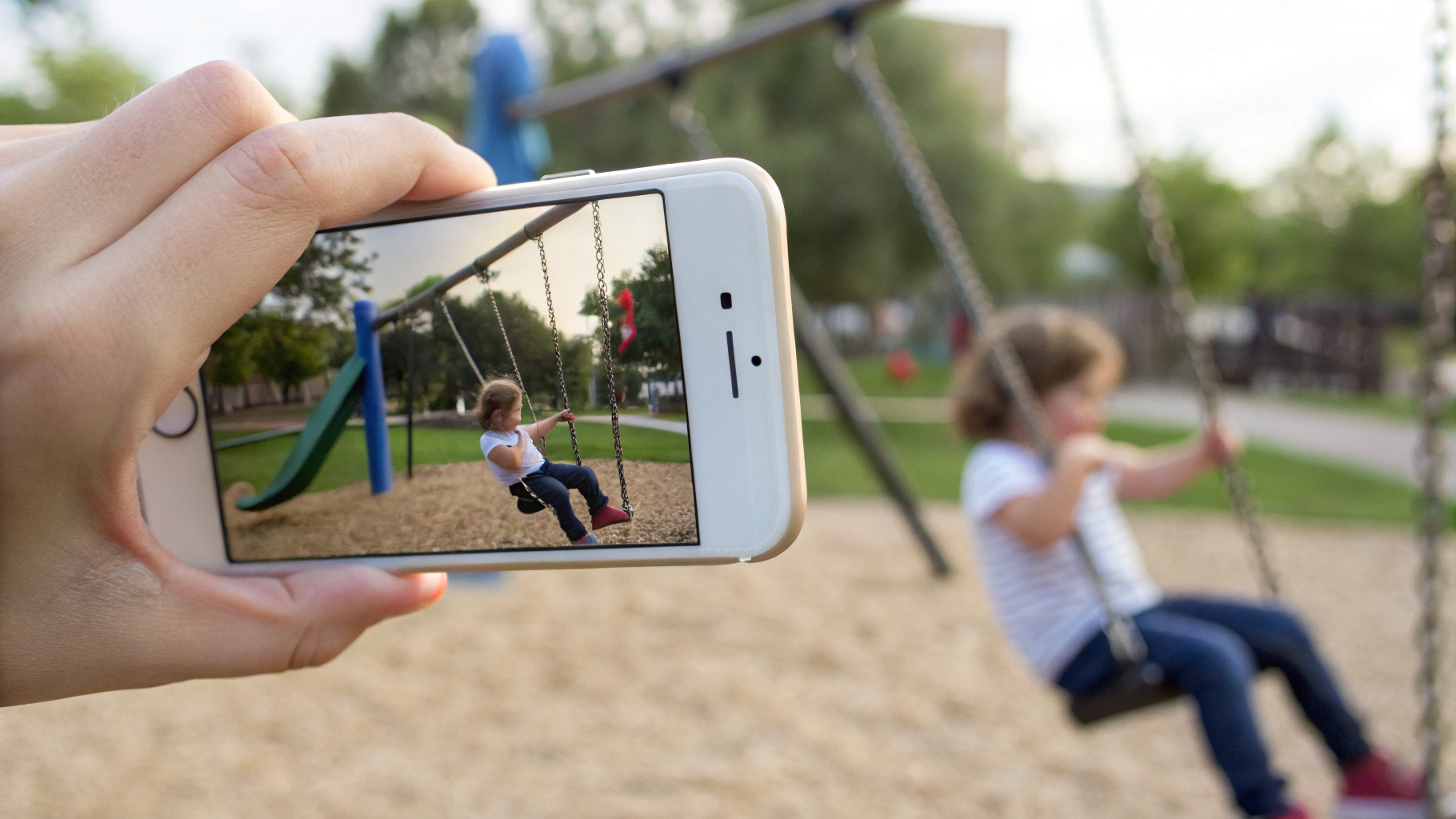 Родитель снимает ребенка на iPhone на детской площадке