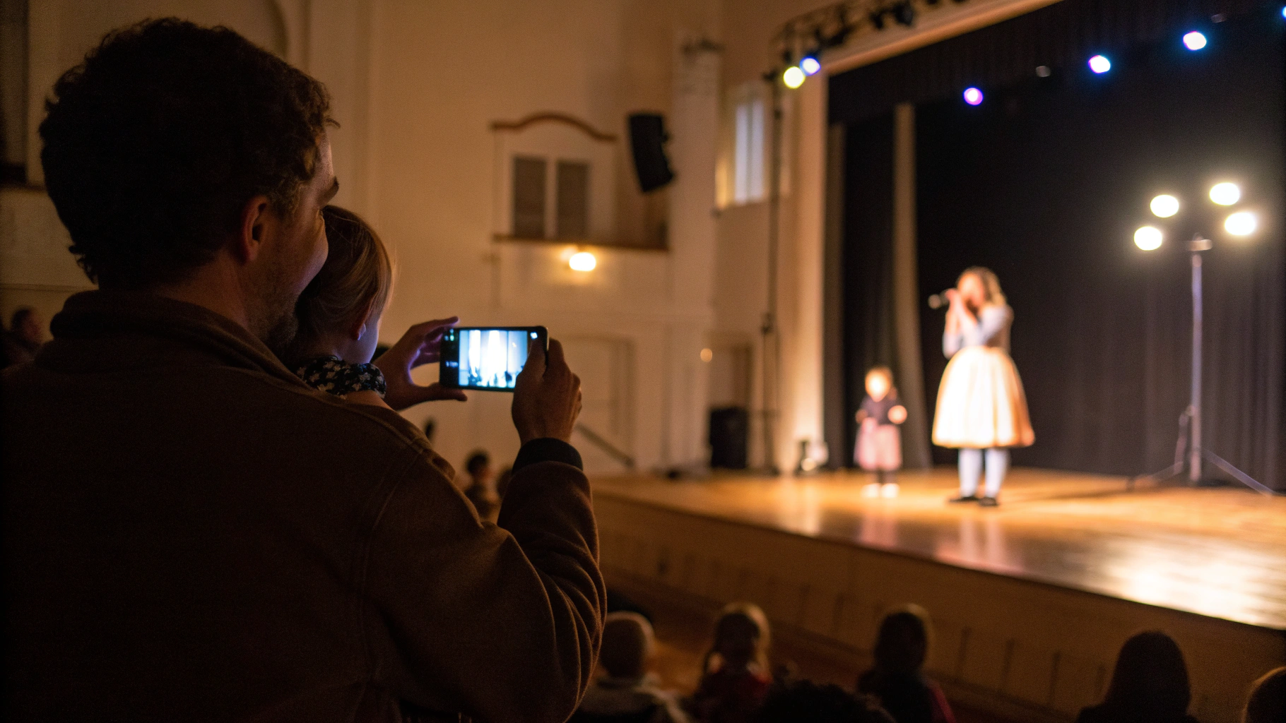 Родитель снимает на iPhone выступление детей на сцене