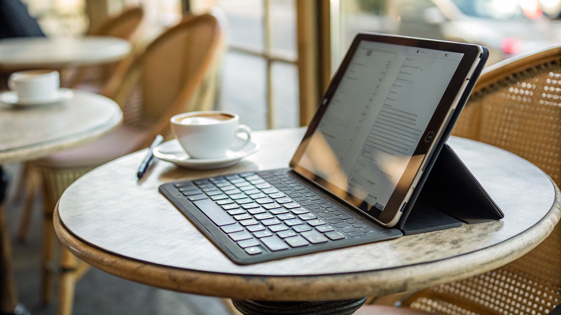 Планшет с клавиатурой и стилусом на небольшом столике в кафе, на экране открыты документы