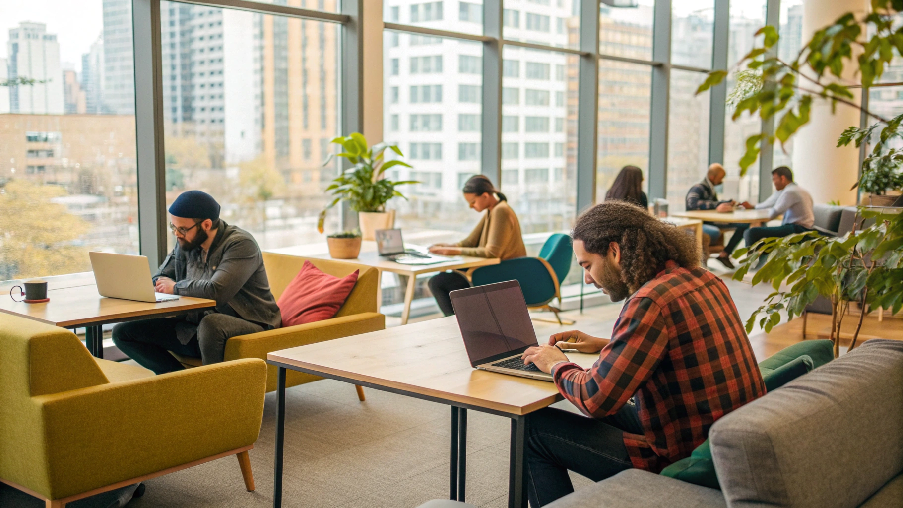 Интерьер коворкинга, люди работают за общими столами с ноутбуками и планшетами