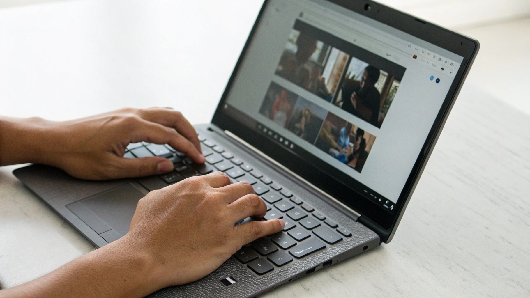 Пользователь работает за недорогим Windows‑ноутбуком с открытым браузером и видео