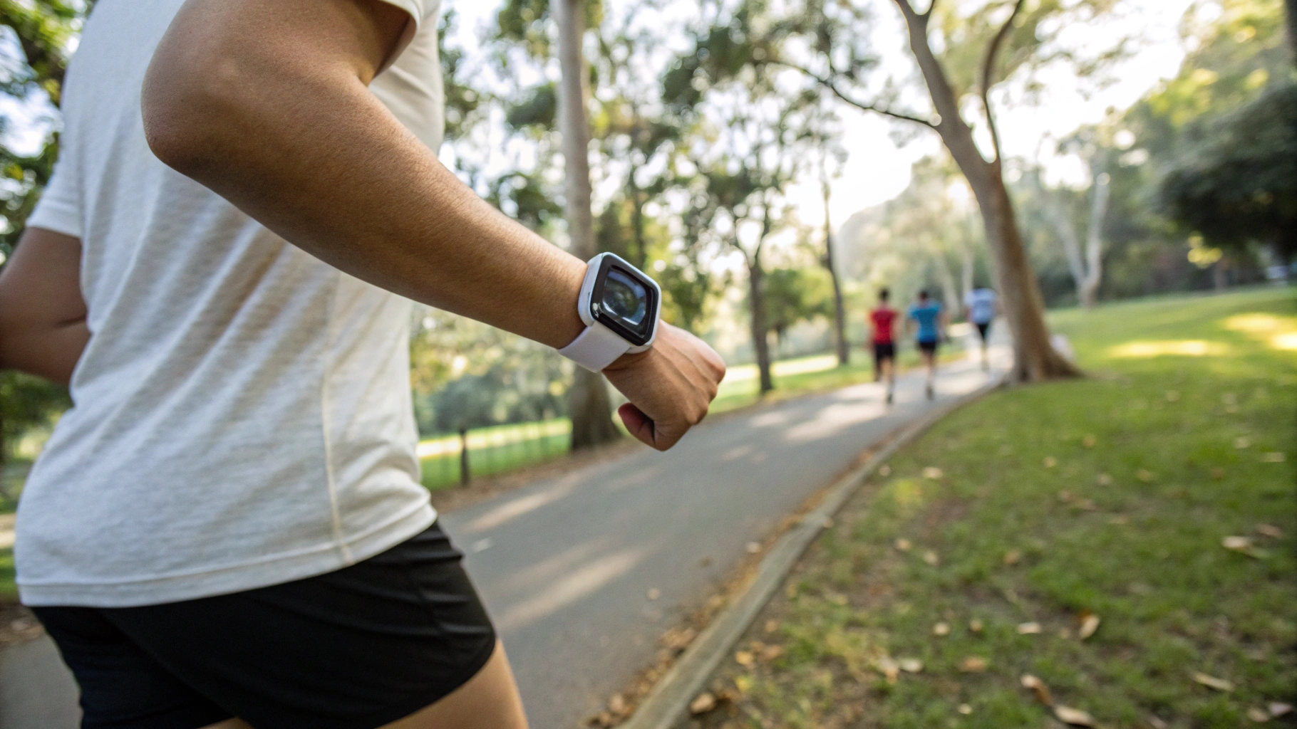 Пользователь с недорогими смарт-часами бежит по улице, на экране данные тренировки