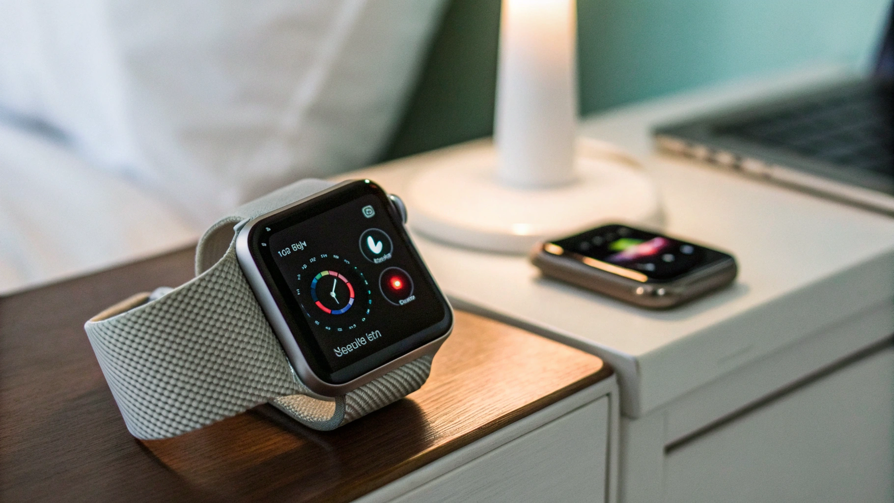 Фитнес-браслет и смарт-часы на тумбочке с отображением показателей сна
