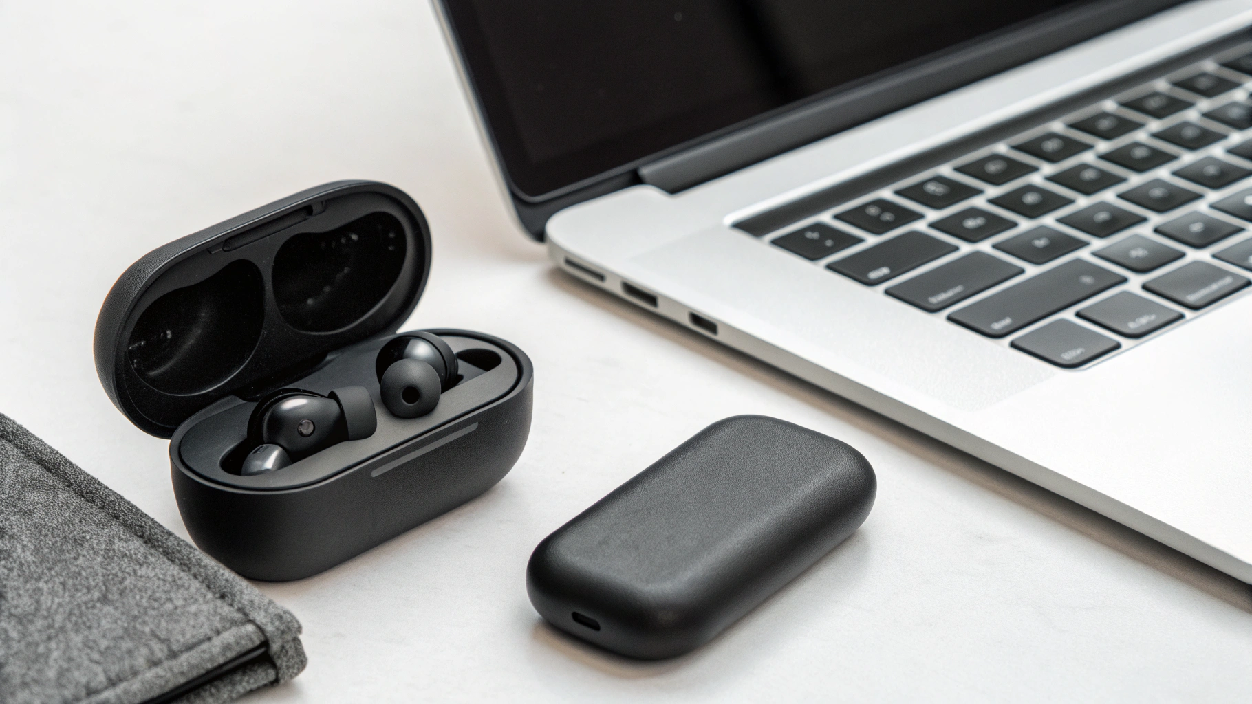 TWS-наушники в зарядном кейсе рядом с ноутбуком на рабочем столе