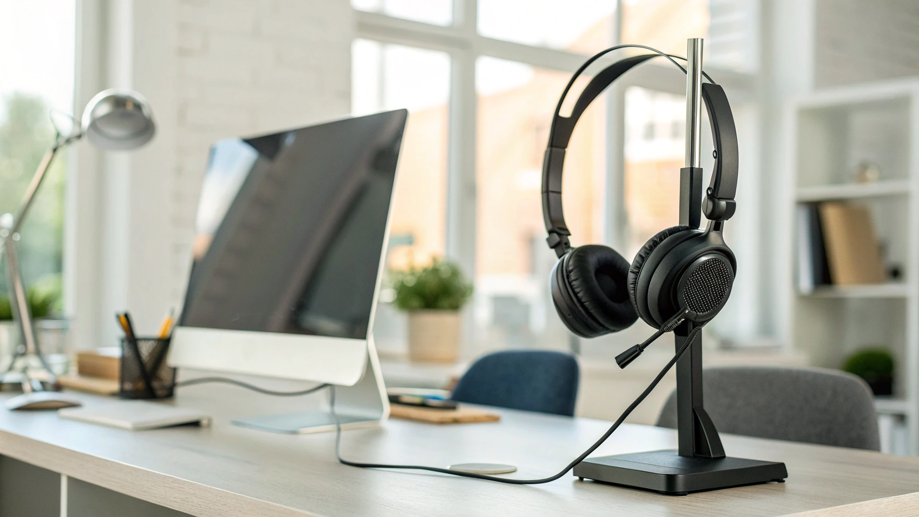 Накладные наушники и офисная гарнитура с микрофоном на штанге на подставке в современном офисе